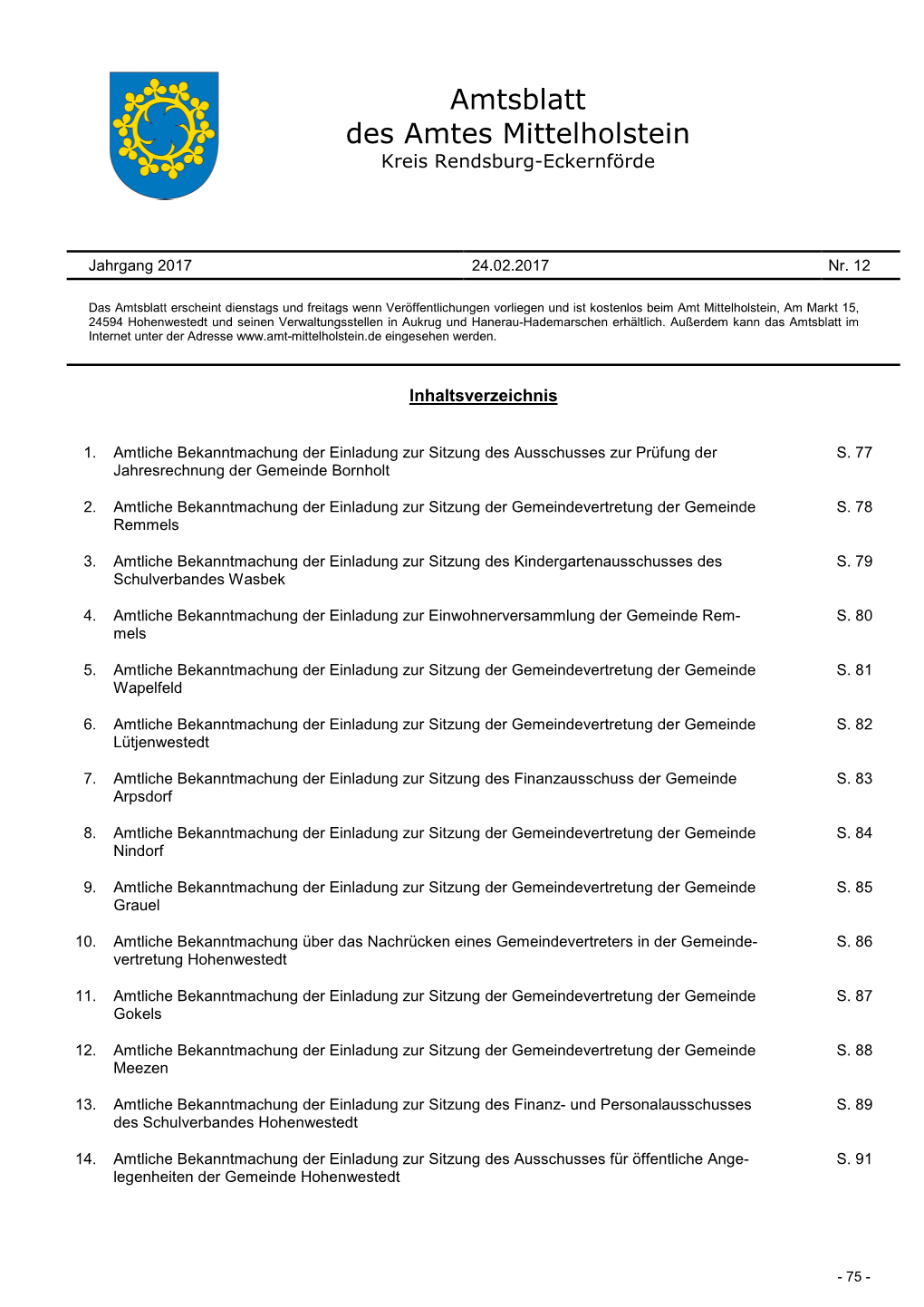 Amtsblatt Des Amtes Mittelholstein Nr. 12 Vom 24.02.2017