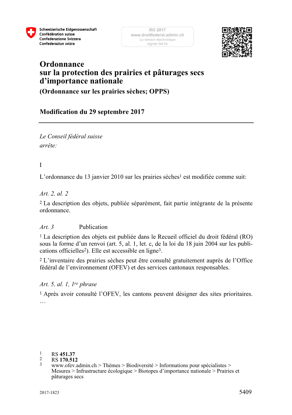 Ordonnance Sur Les Prairies Sèches; OPPS) Modification Du 29 Septembre 2017