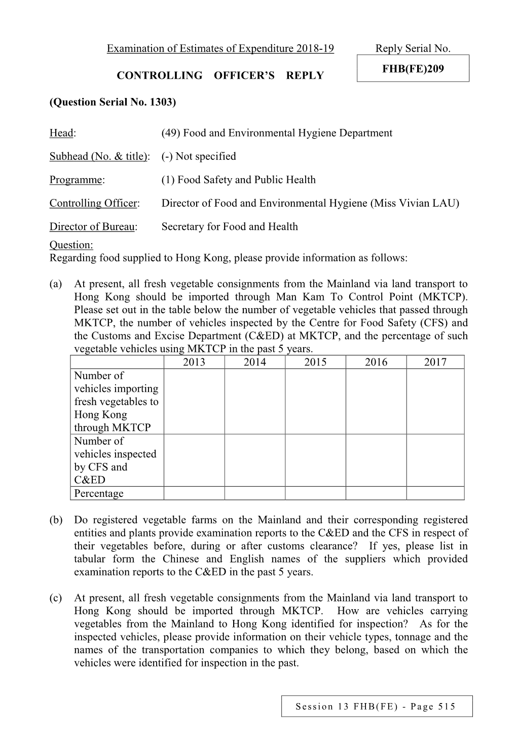 Fhb(Fe)209 Controlling Officer’S Reply