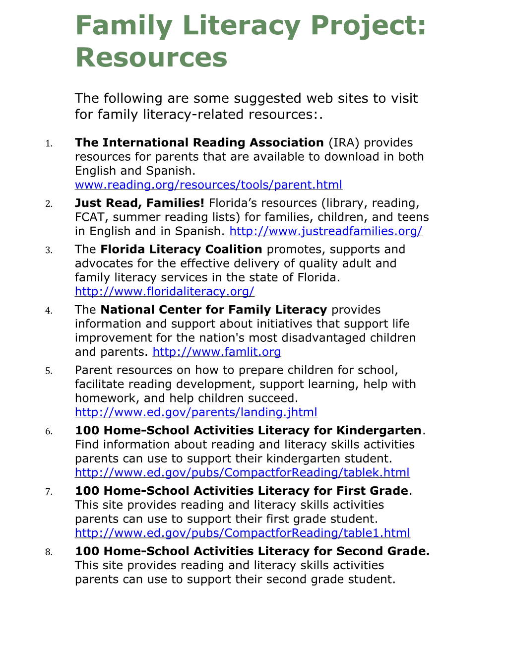 Family Literacy Project: Resources