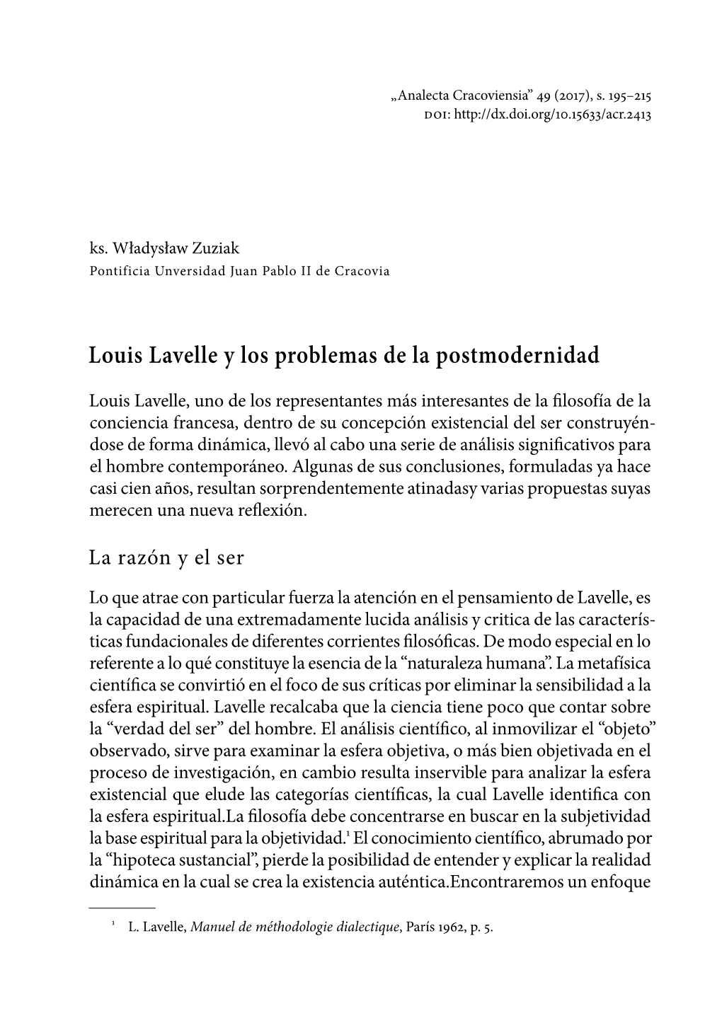 Louis Lavelle Y Los Problemas De La Postmodernidad