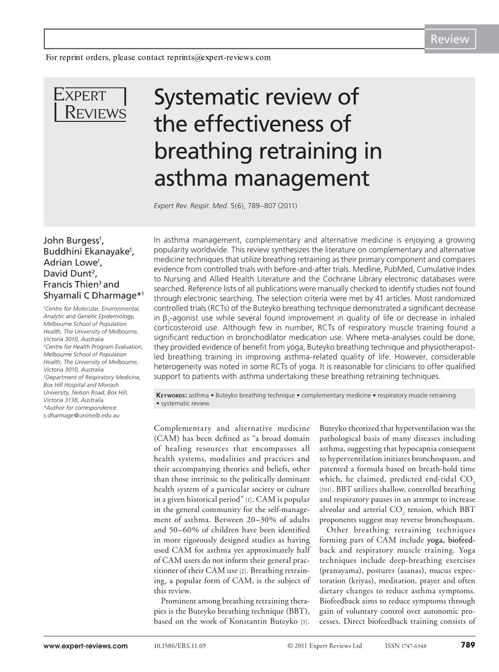 Systematic Review of the Effectiveness of Breathing Retraining in Asthma Management