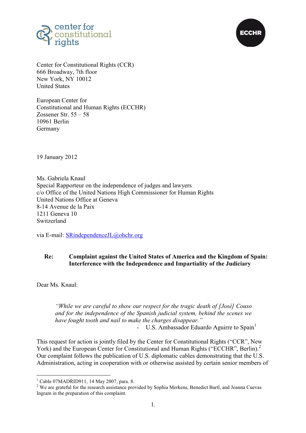 Complaint Against the United States of America and the Kingdom of Spain: Interference with the Independence and Impartiality of the Judiciary