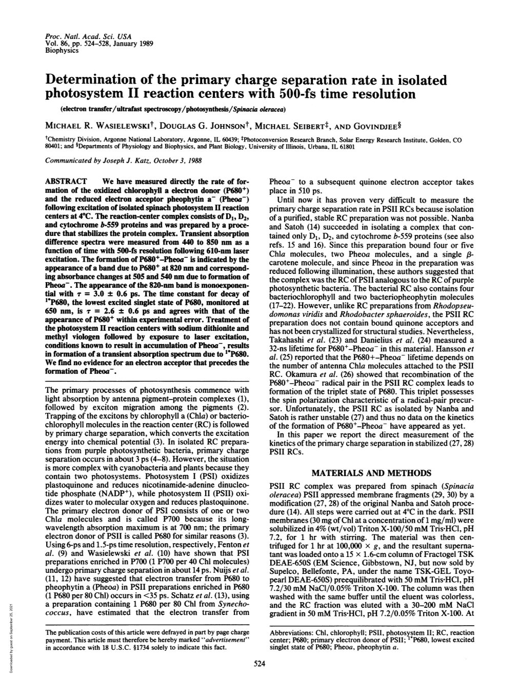 Determination of the Primary Charge Separation Rate in Isolated