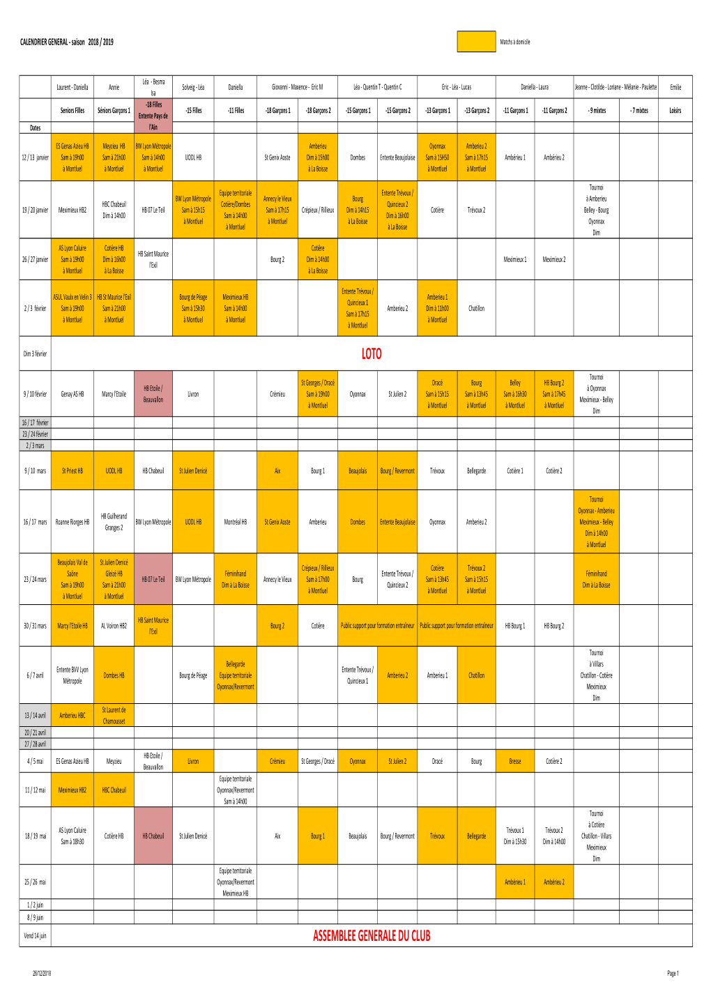 Calendrier Saison 2018 2019