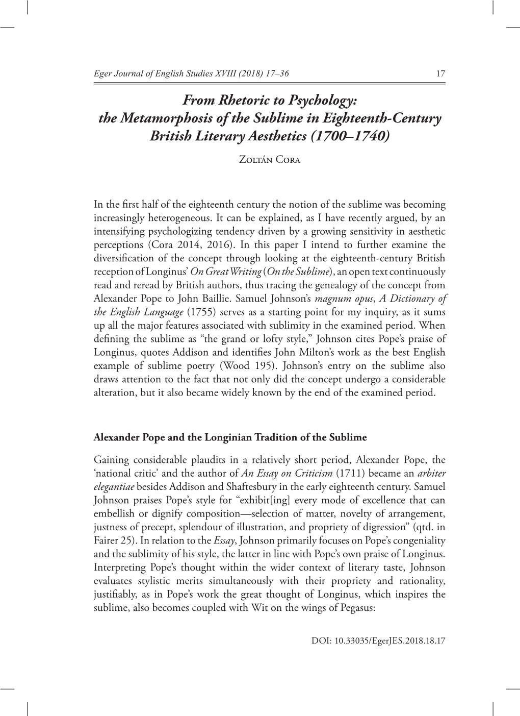 From Rhetoric to Psychology: the Metamorphosis of the Sublime in Eighteenth-Century British Literary Aesthetics (1700–1740) Zoltán Cora