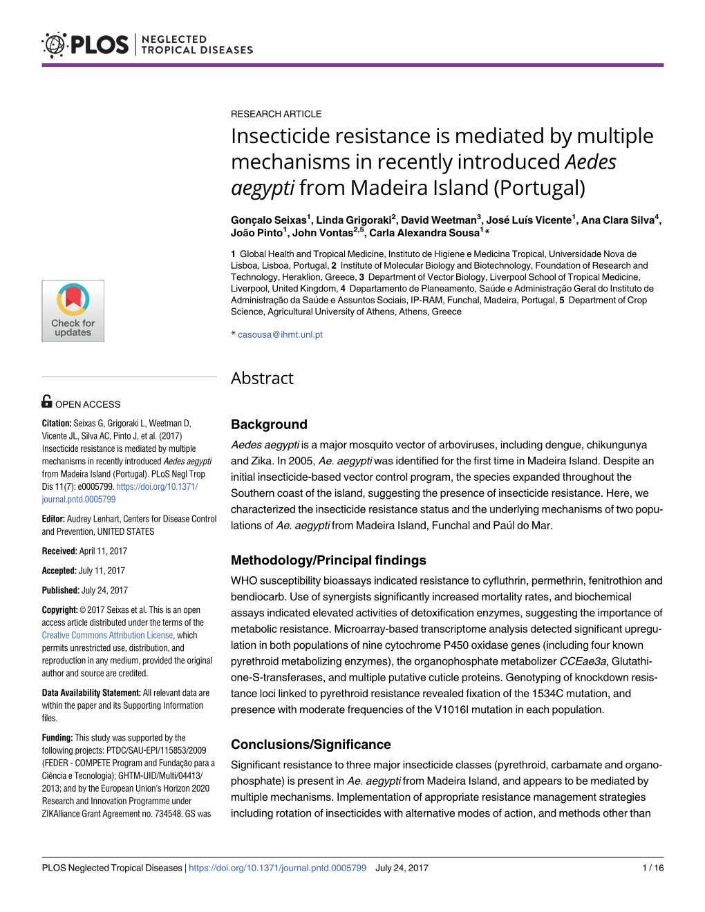 Insecticide Resistance Is Mediated by Multiple Mechanisms in Recently Introduced Aedes Aegypti from Madeira Island (Portugal)