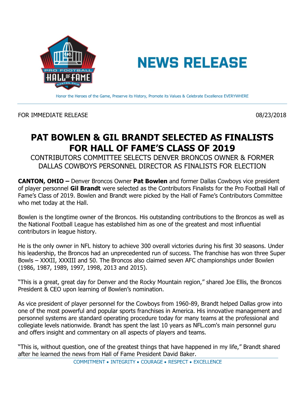 Pat Bowlen & Gil Brandt Selected As Finalists for Hall of Fame's Class of 2019