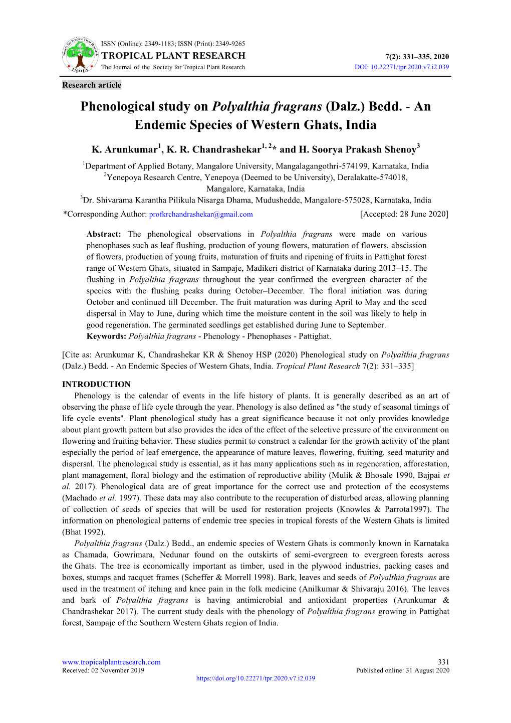 Phenological Study on Polyalthia Fragrans (Dalz.) Bedd