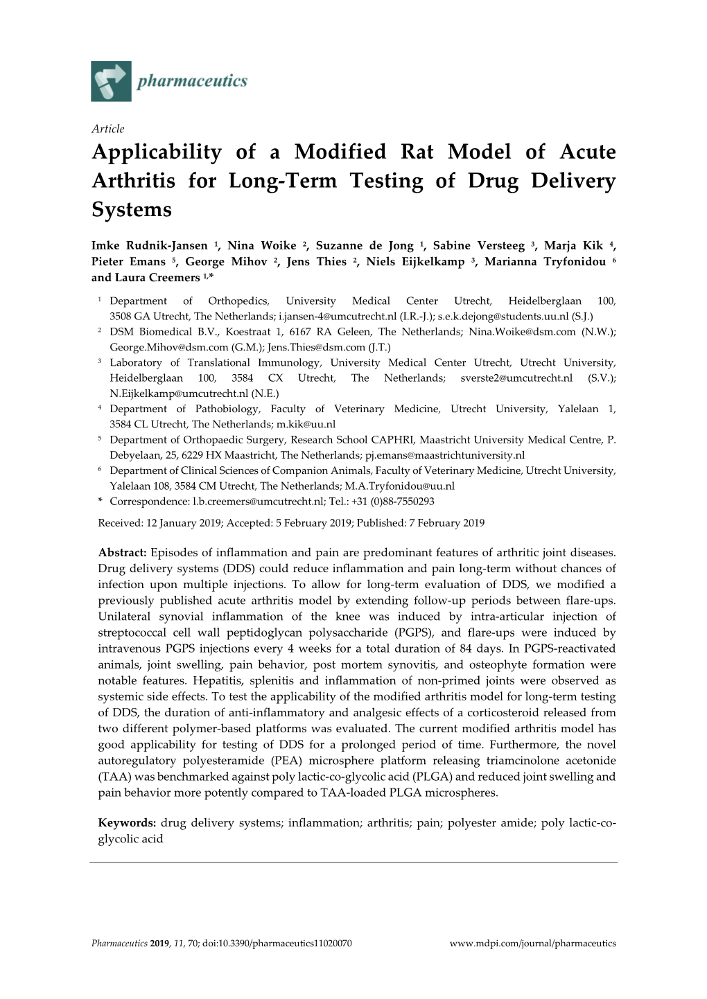 Applicability of a Modified Rat Model of Acute Arthritis for Long-Term Testing of Drug Delivery Systems