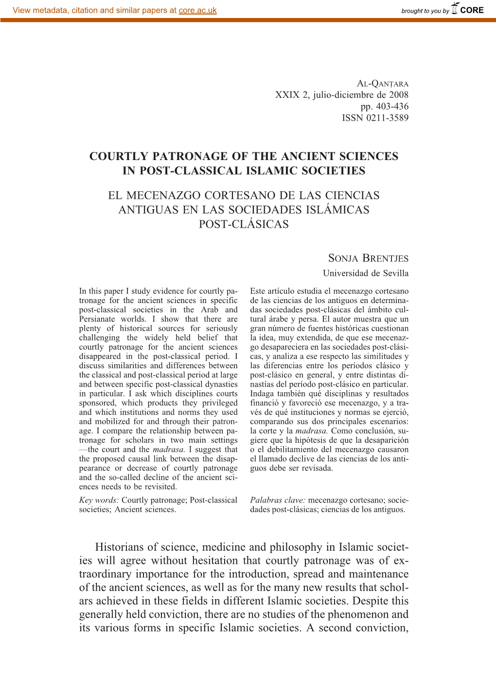 Courtly Patronage of the Ancient Sciences in Post-Classical Islamic Societies