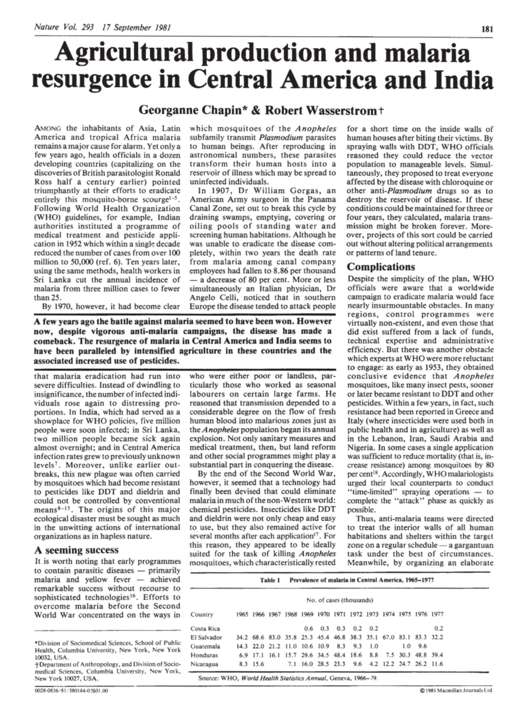 Agricultural Production and Malaria Resurgence in Central America and India Georganne Chapin* & Robert Wasserstromt