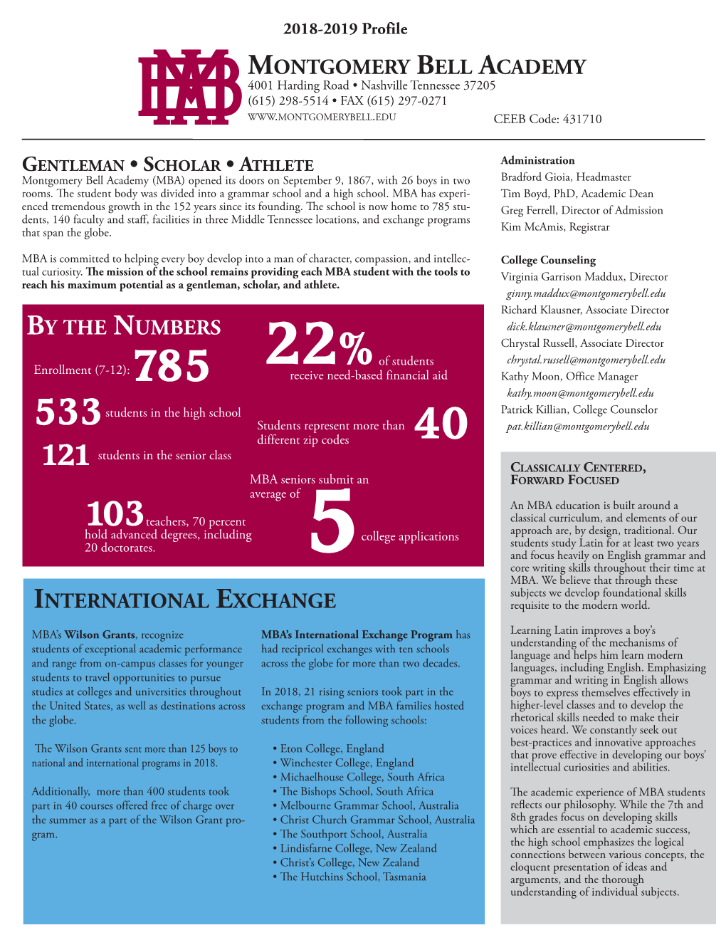 Montgomery Bell Academy by the Numbers International