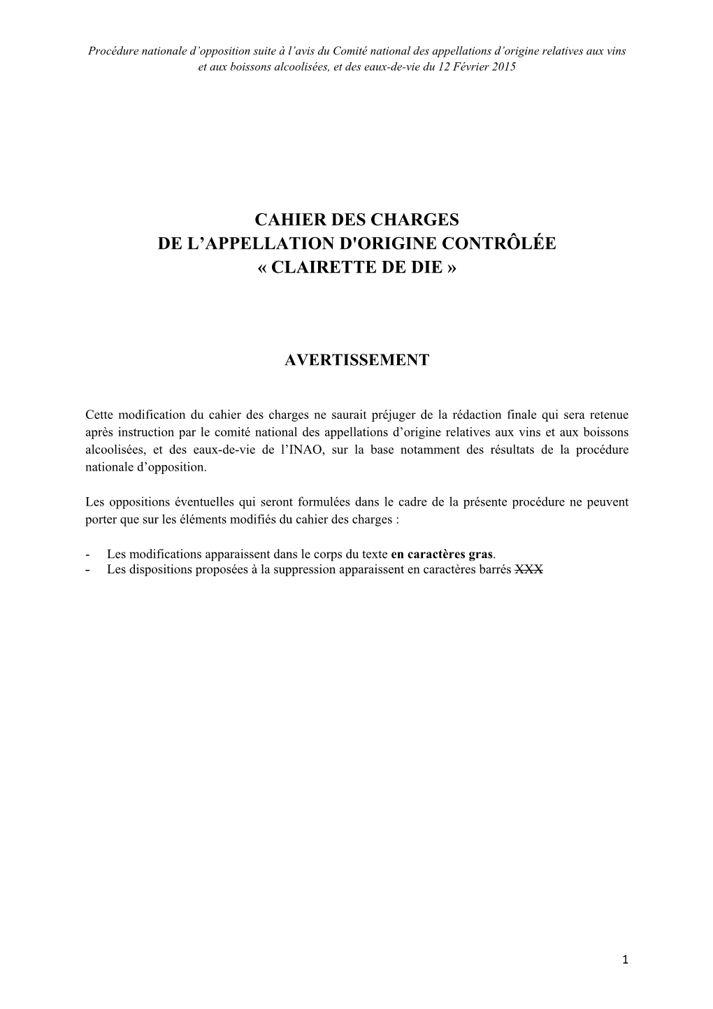 Cahier Des Charges De L'appellation D'origine Contrôlée « Clairette De