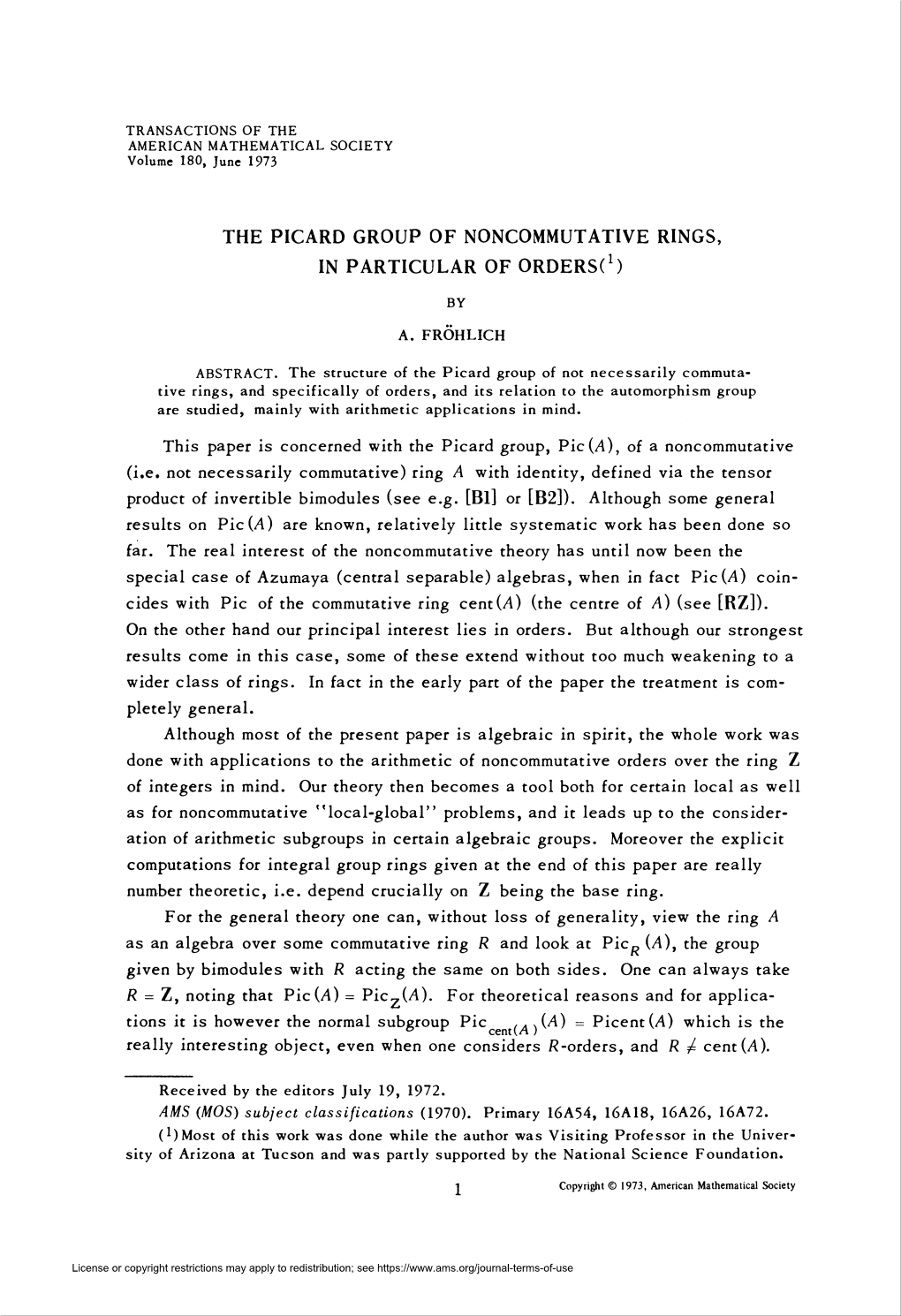 THE PICARD GROUP of NONCOMMUTATIVE RINGS, in PARTICULAR of Orderst1