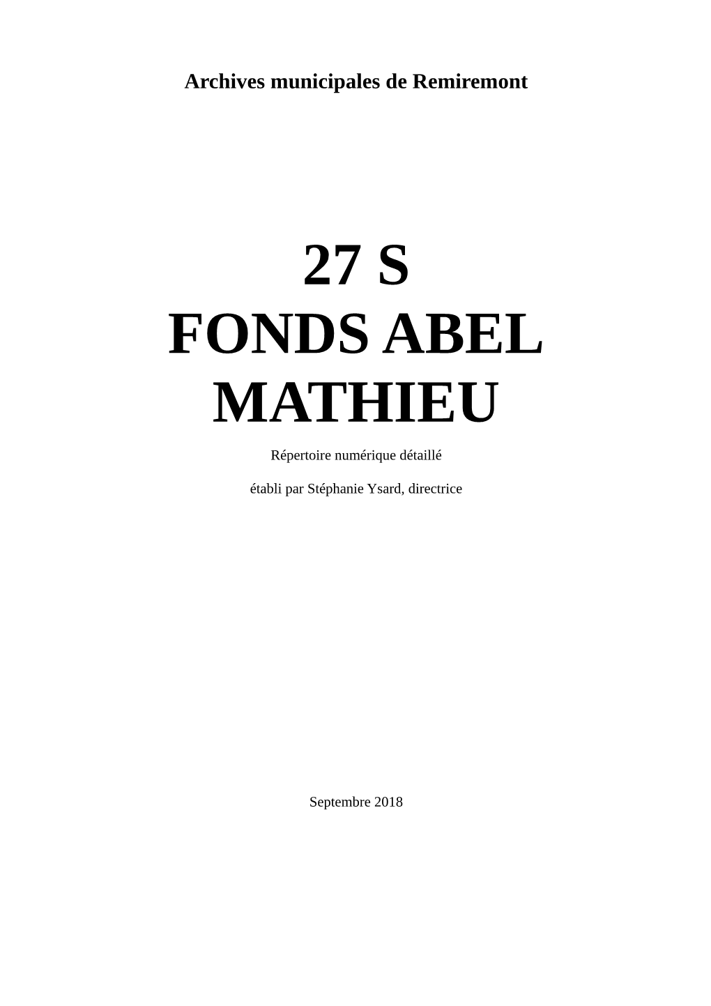 27 S FONDS ABEL MATHIEU Répertoire Numérique Détaillé