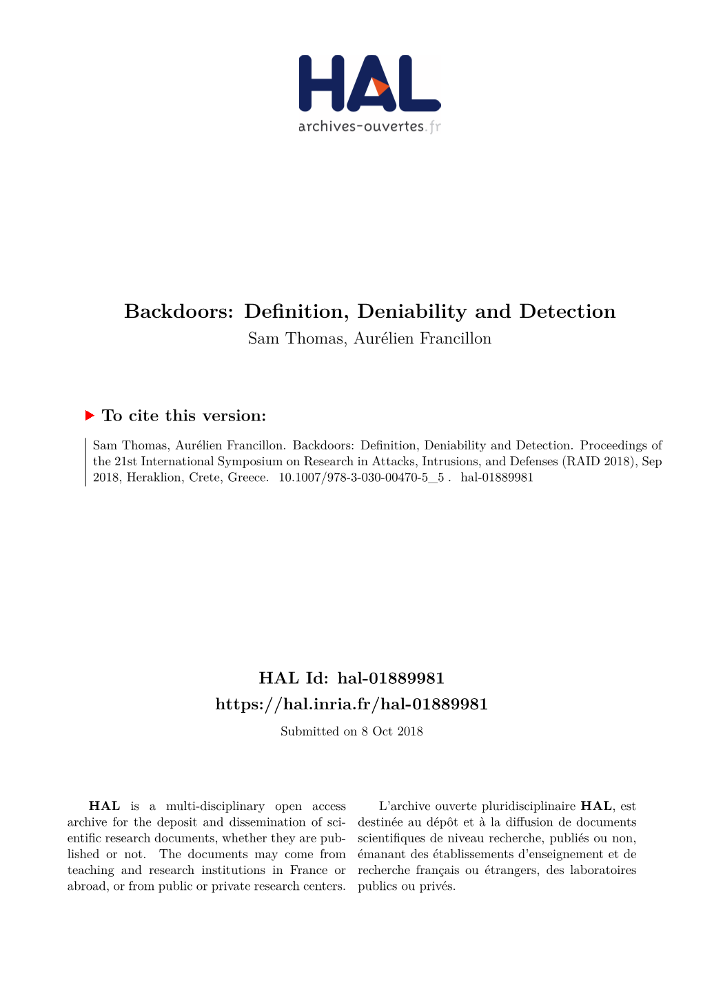 Backdoors: Definition, Deniability and Detection Sam Thomas, Aurélien Francillon