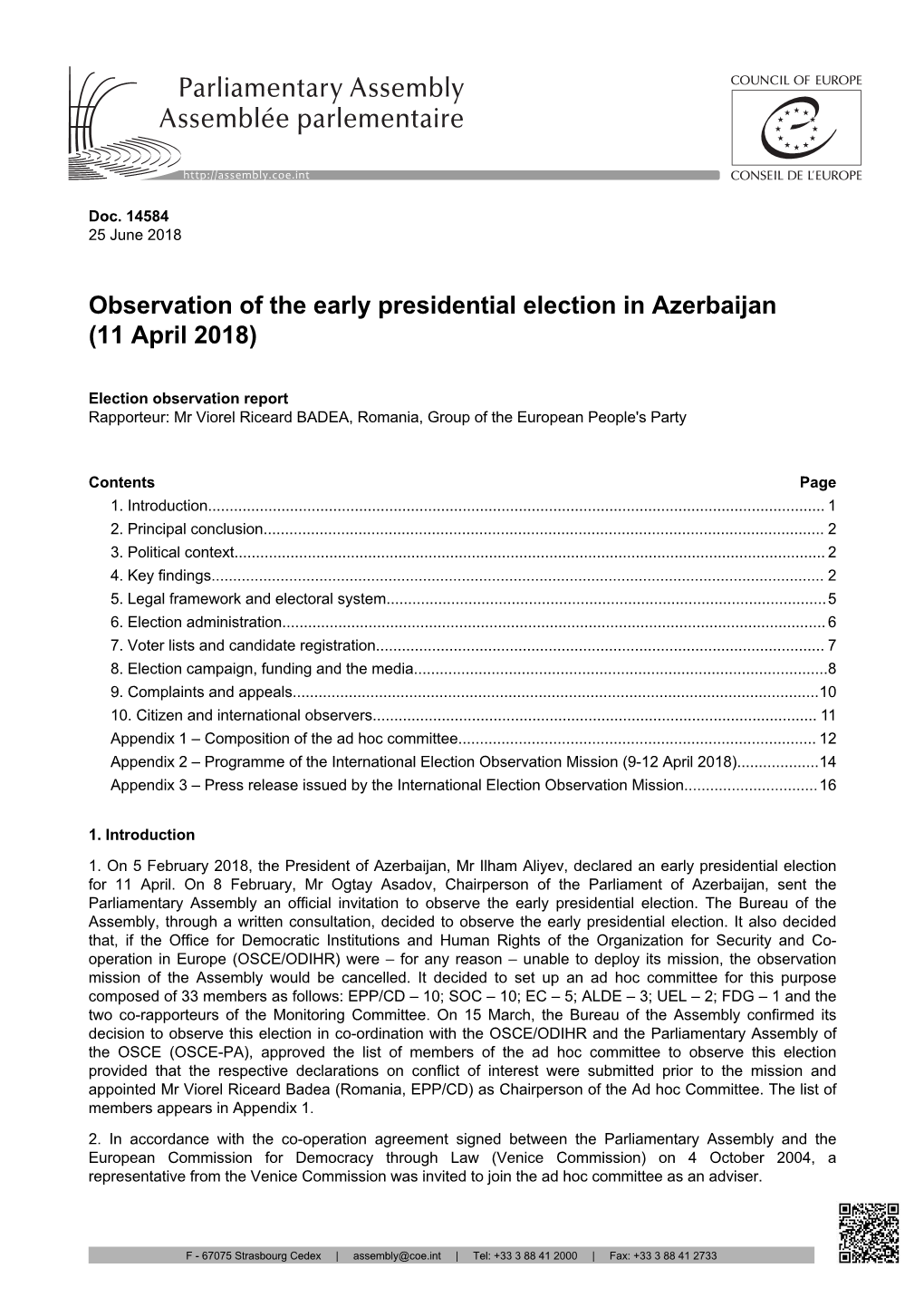 Observation of the Early Presidential Election in Azerbaijan (11 April 2018)