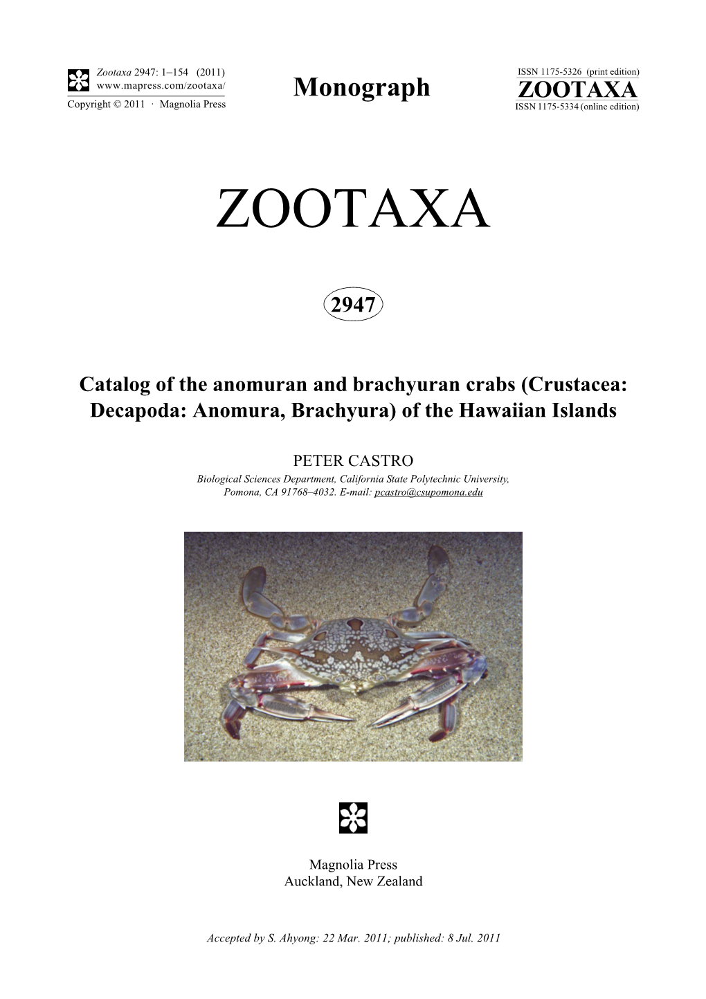 (Crustacea: Decapoda: Anomura, Brachyura) of the Hawaiian Islands