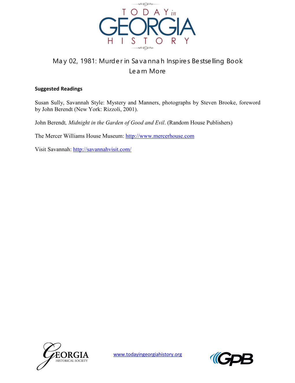 May 02, 1981: Murder in Savannah Inspires Bestselling Book