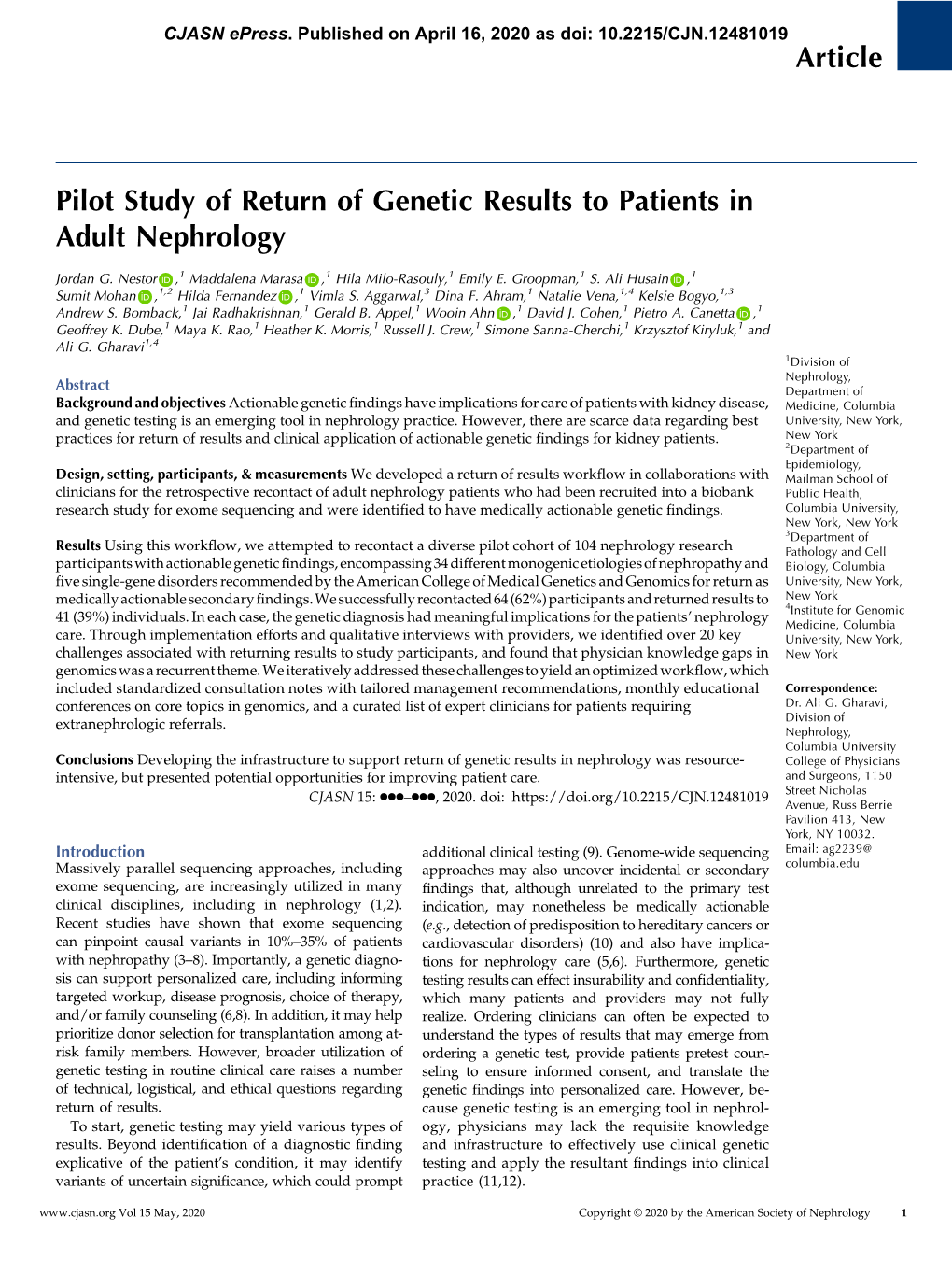 Article Pilot Study of Return of Genetic Results to Patients in Adult