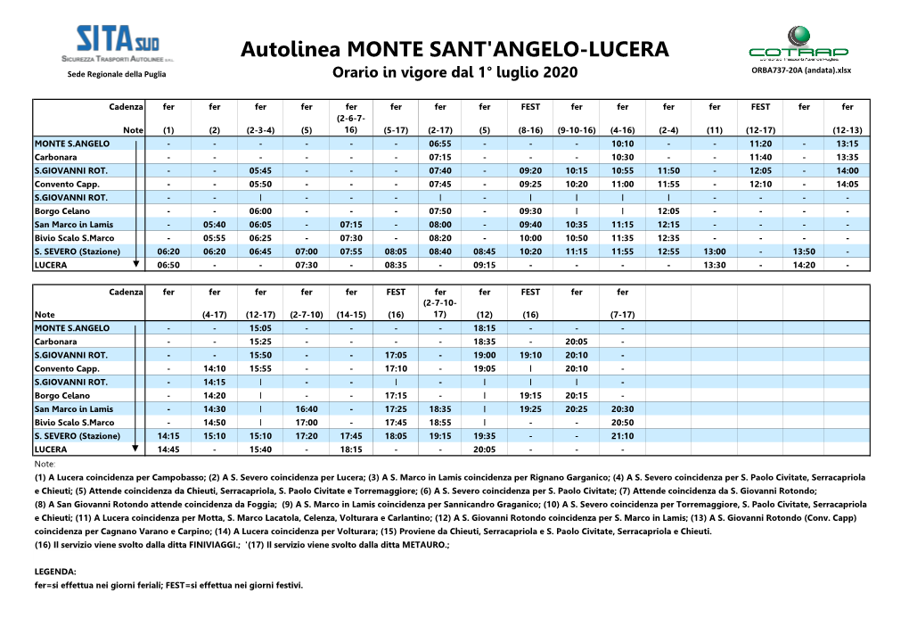 Autolinea MONTE SANT'angelo-LUCERA Sede Regionale Della Puglia Orario in Vigore Dal 1° Luglio 2020 ORBA737-20A (Andata).Xlsx