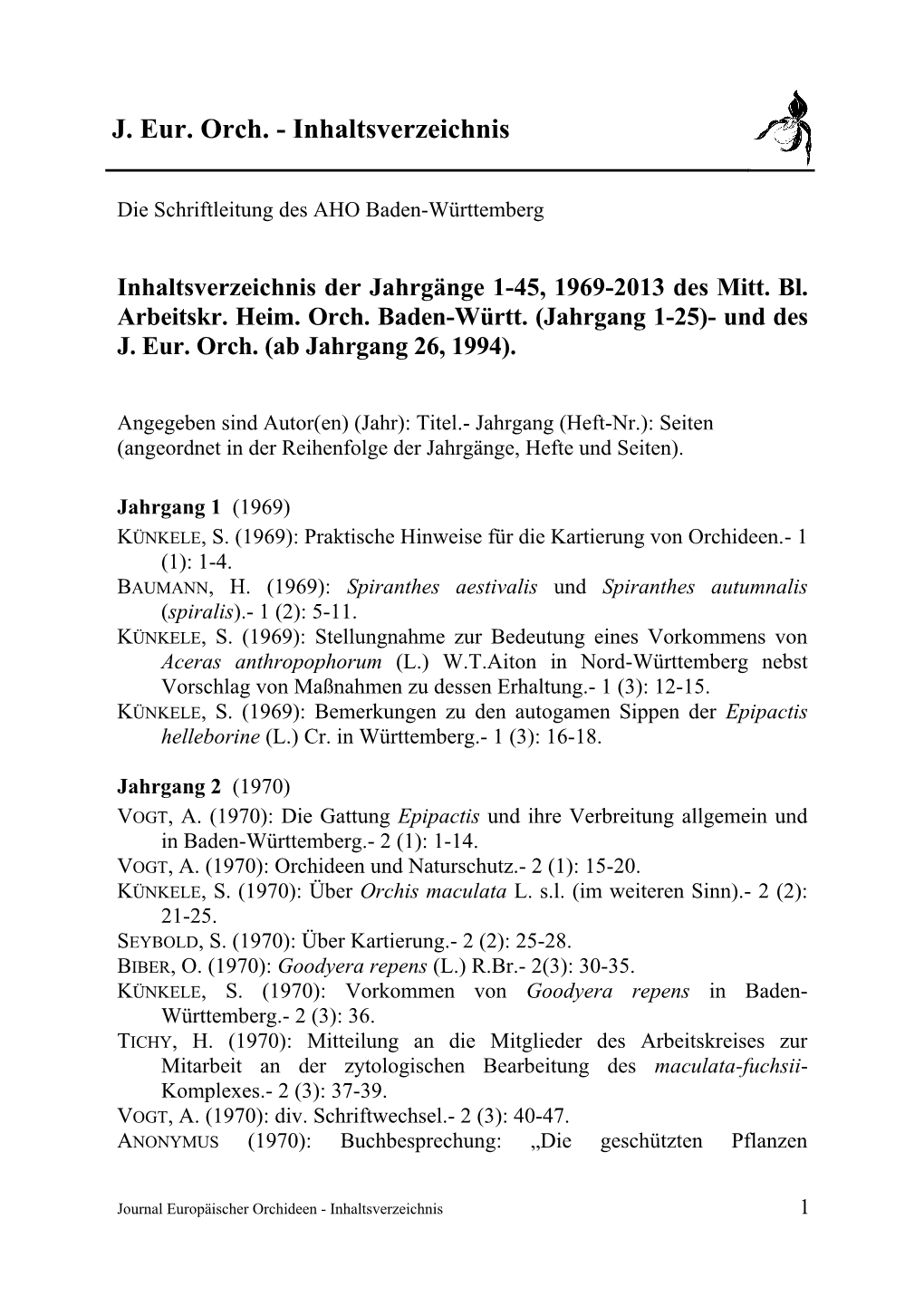 JEO Inhaltsverzeichnis 1-45, 1969-2013