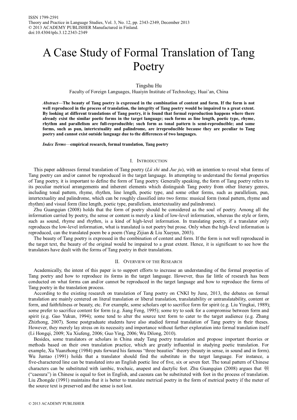 A Case Study of Formal Translation of Tang Poetry