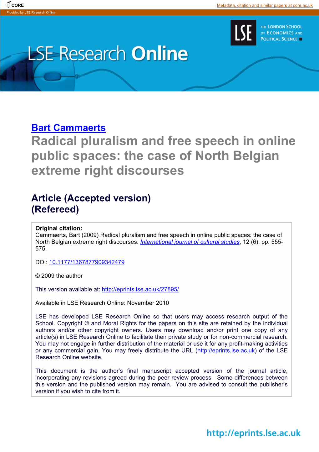 Radical Pluralism and Free Speech in Online Public Spaces: the Case of North Belgian Extreme Right Discourses