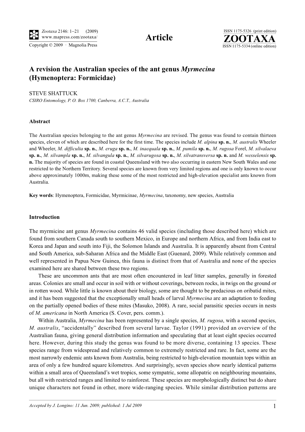 Zootaxa, a Revision the Australian Species of the Ant Genus Myrmecina