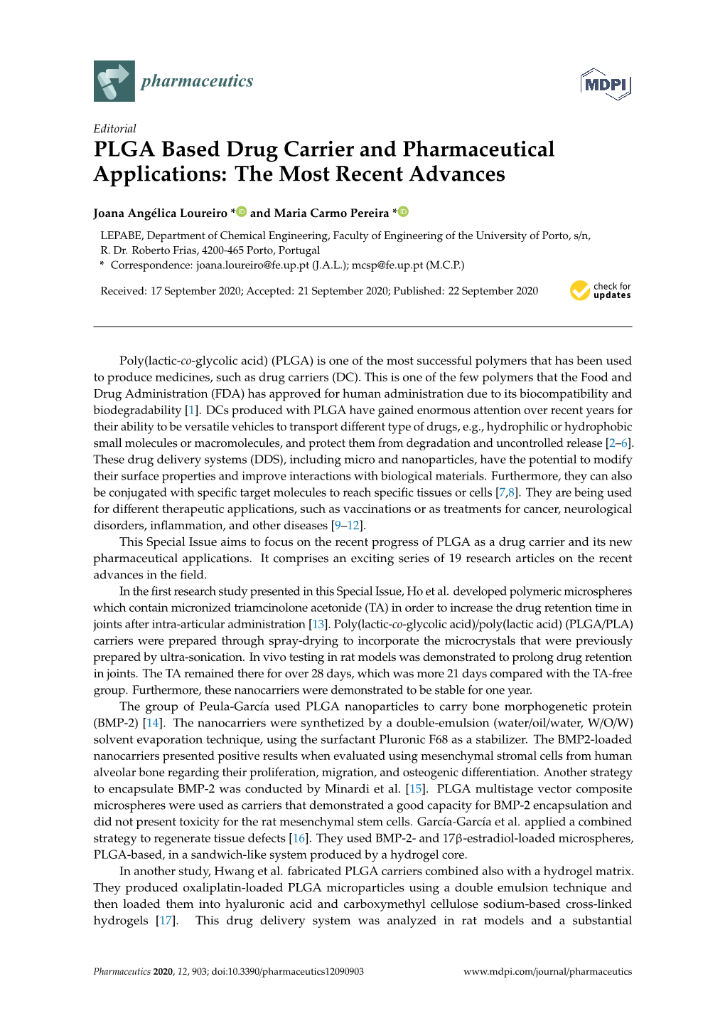 PLGA Based Drug Carrier and Pharmaceutical Applications: the Most Recent Advances
