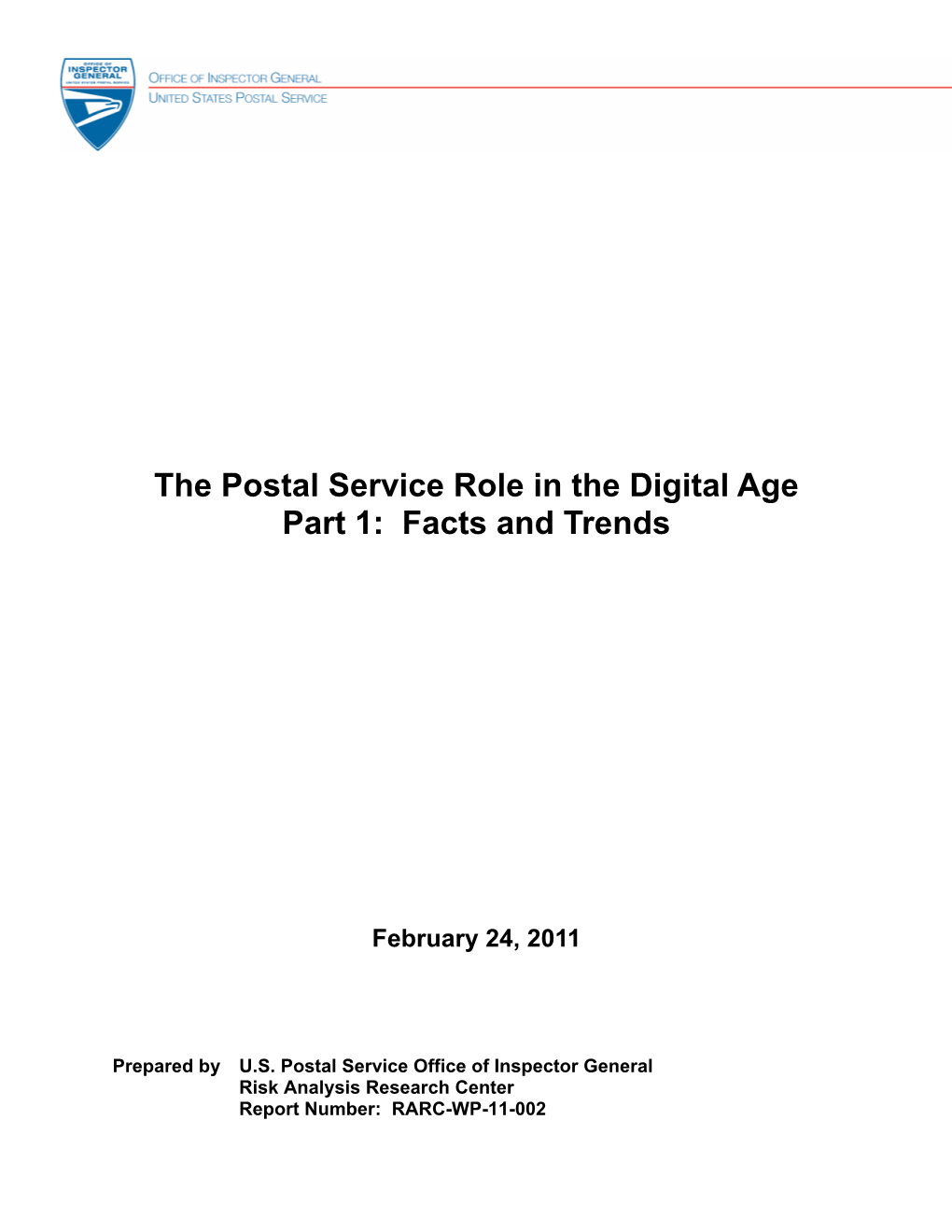 RARC-WP-11-002 the Postal Service Role in the Digital Age, Part 1