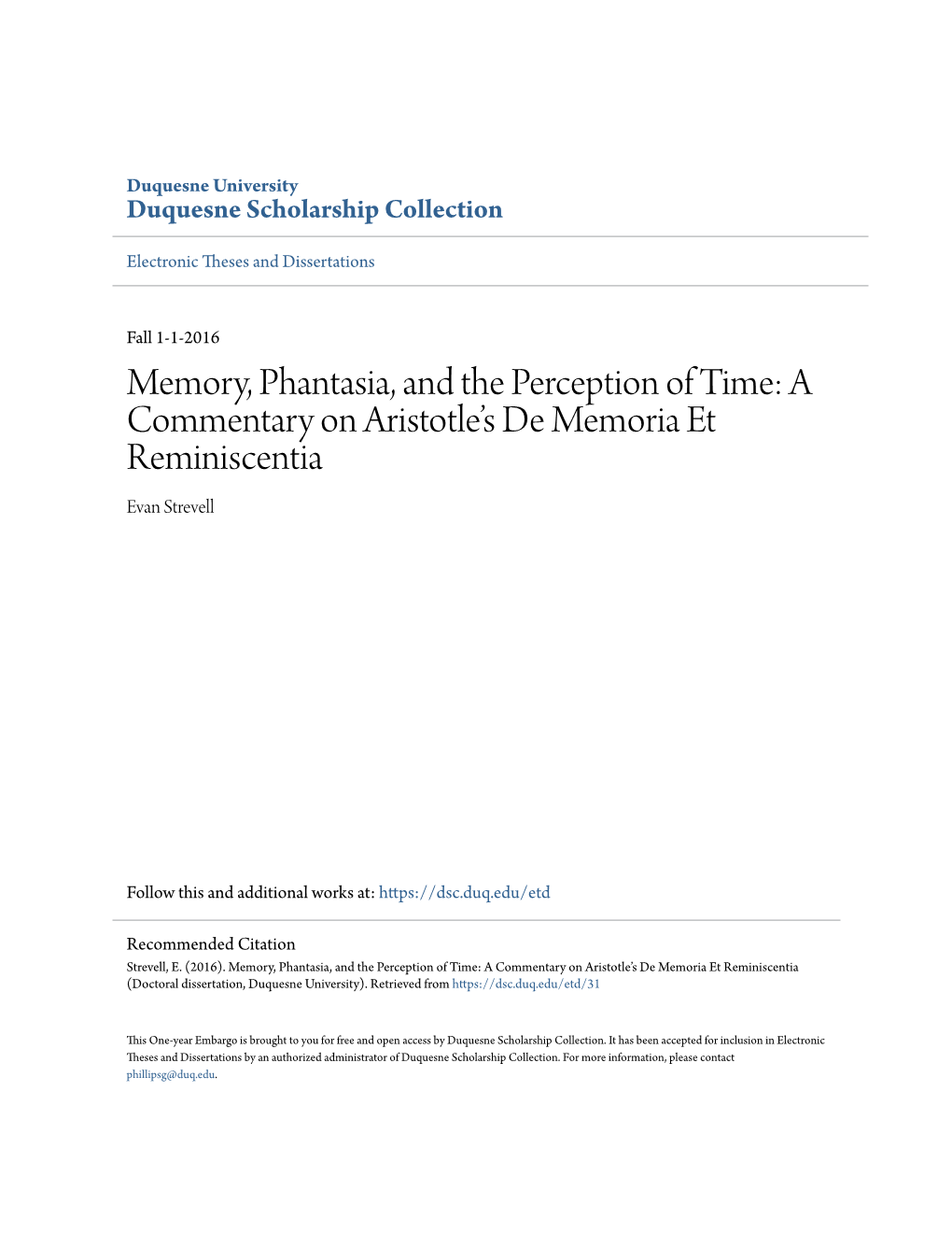 Memory, Phantasia, and the Perception of Time: a Commentary on Aristotle's De Memoria Et Reminiscentia