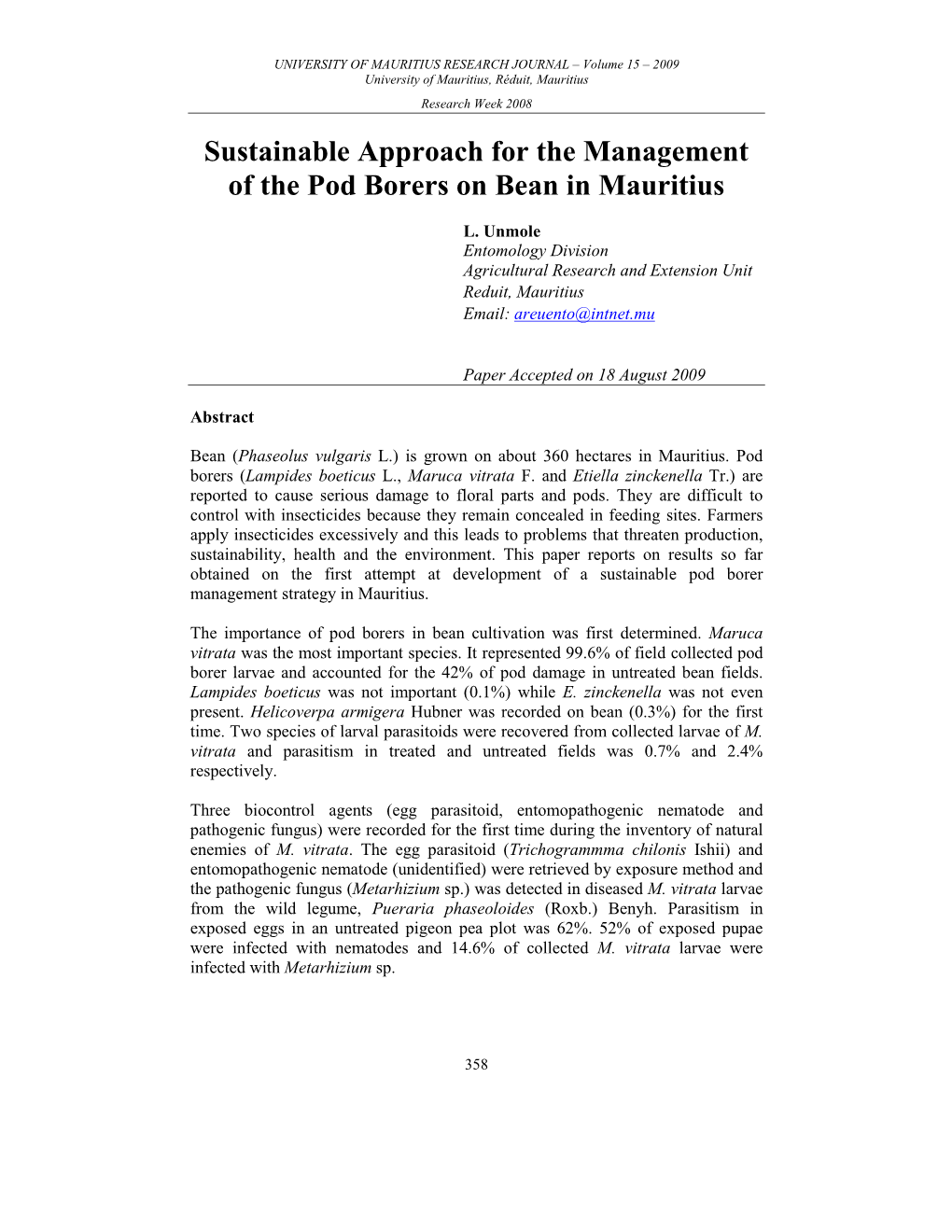 Sustainable Approach for the Management of the Pod Borers on Bean in Mauritius