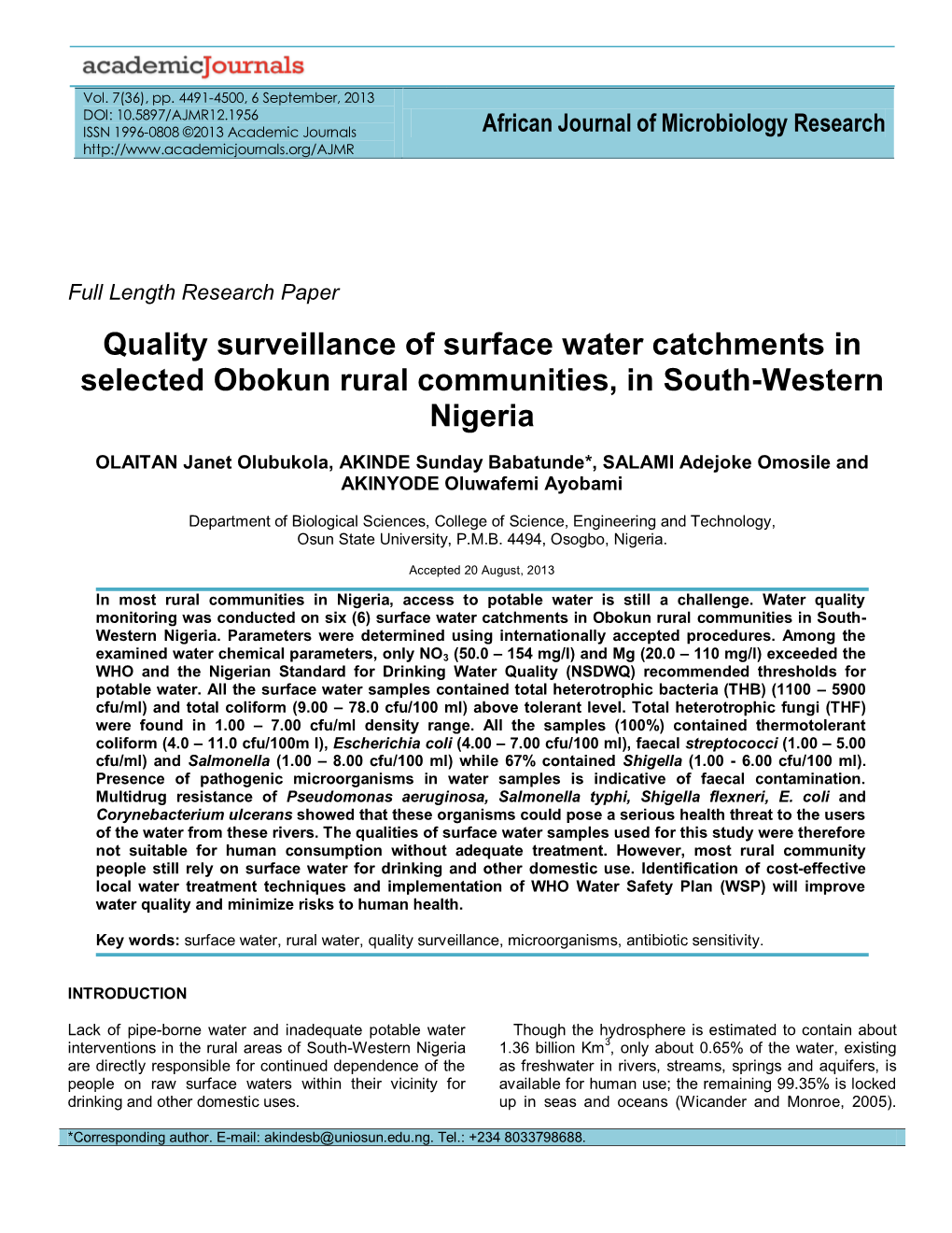 Quality Surveillance of Surface Water Catchments in Selected Obokun Rural Communities, in South-Western Nigeria