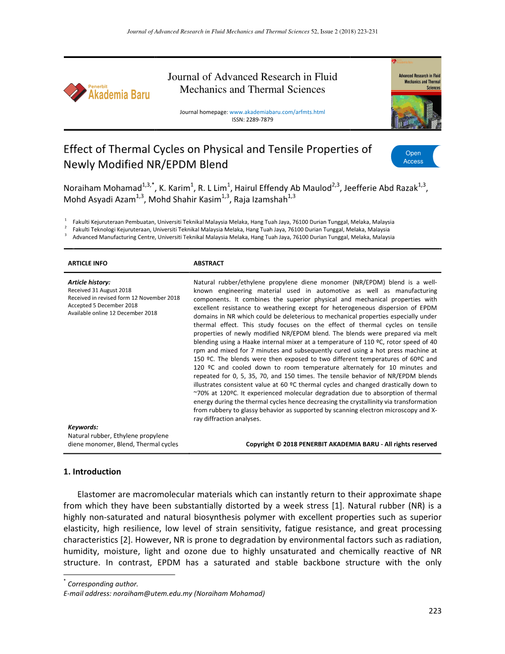 Effect of Thermal Cycles on Physical and Tensile Properties of Open Newly Modified NR/EPDM Blend Access