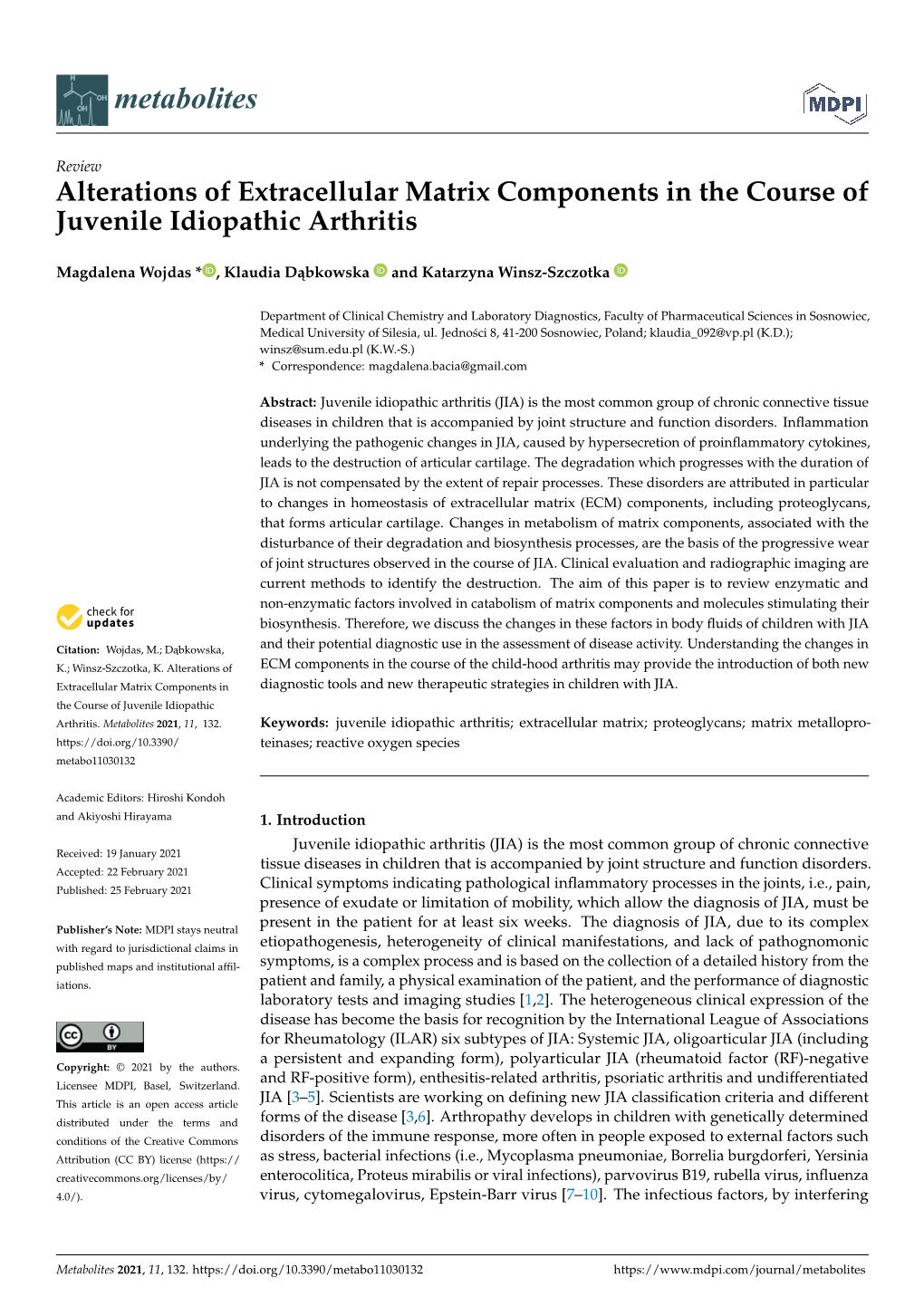 Alterations of Extracellular Matrix Components in the Course of Juvenile Idiopathic Arthritis