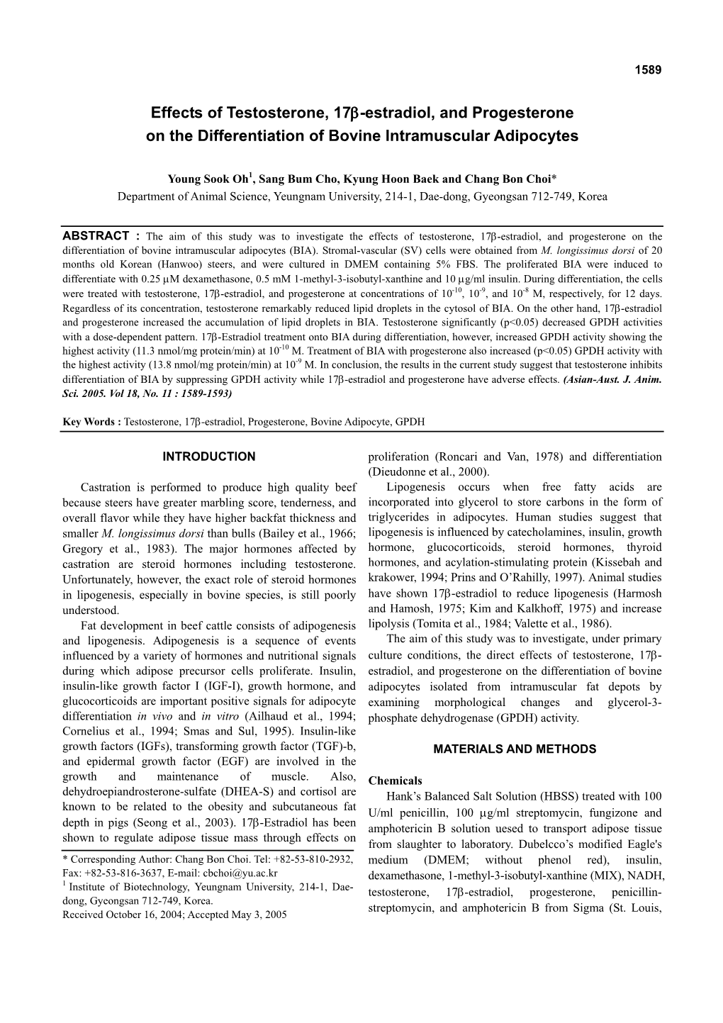 Effects of Testosterone, 17Β-Estradiol, and Progesterone on the Differentiation of Bovine Intramuscular Adipocytes