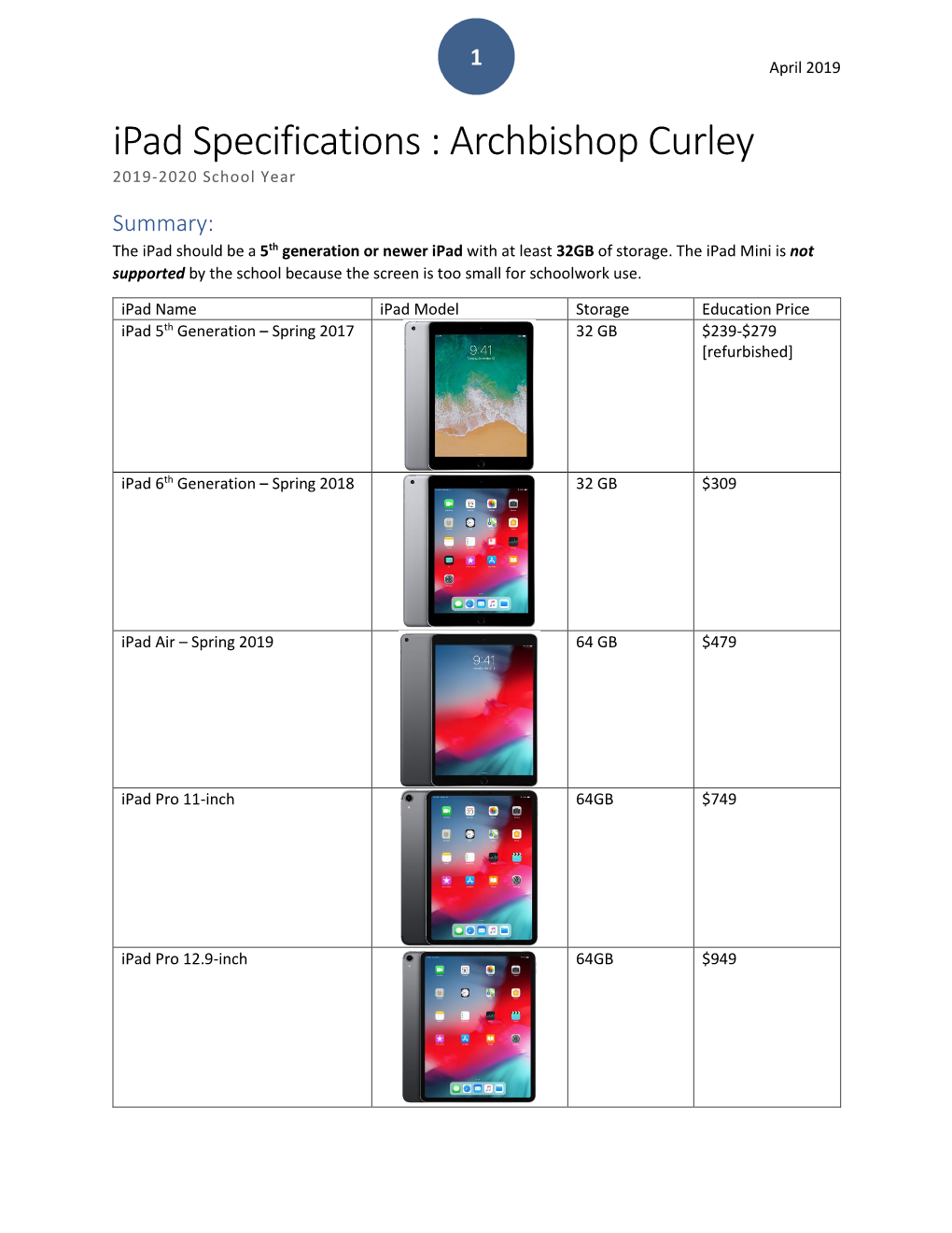 Ipad Specifications : Archbishop Curley 2019-2020 School Year