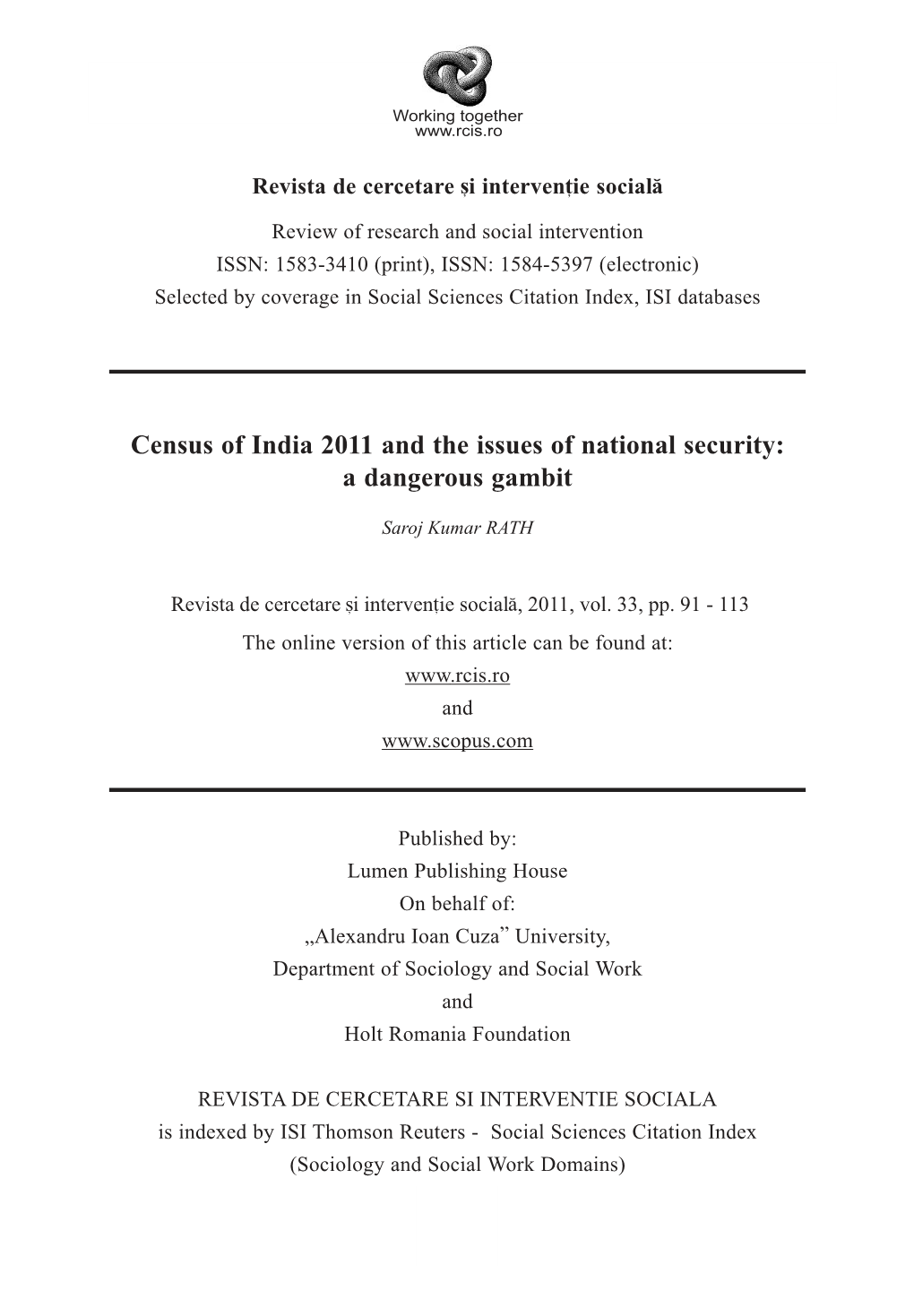 Census of India 2011 and the Issues of National Security: a Dangerous Gambit