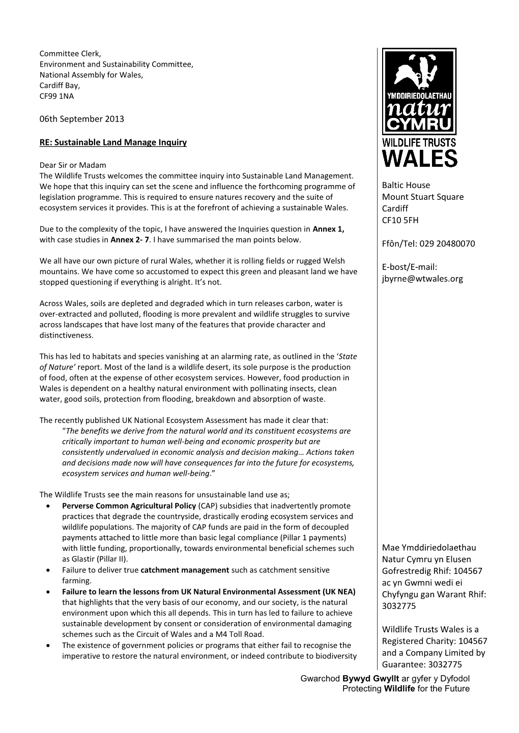 06Th September 2013 RE: Sustainable Land