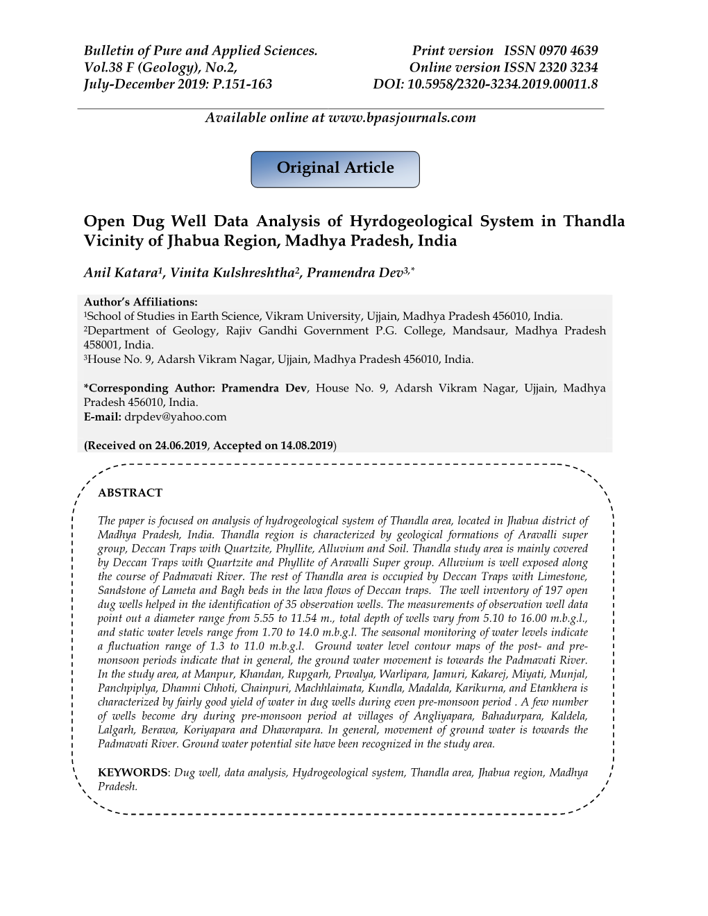 Open Dug Well Data Analysis of Hyrdogeological System in Thandla Vicinity of Jhabua Region, Madhya Pradesh, India