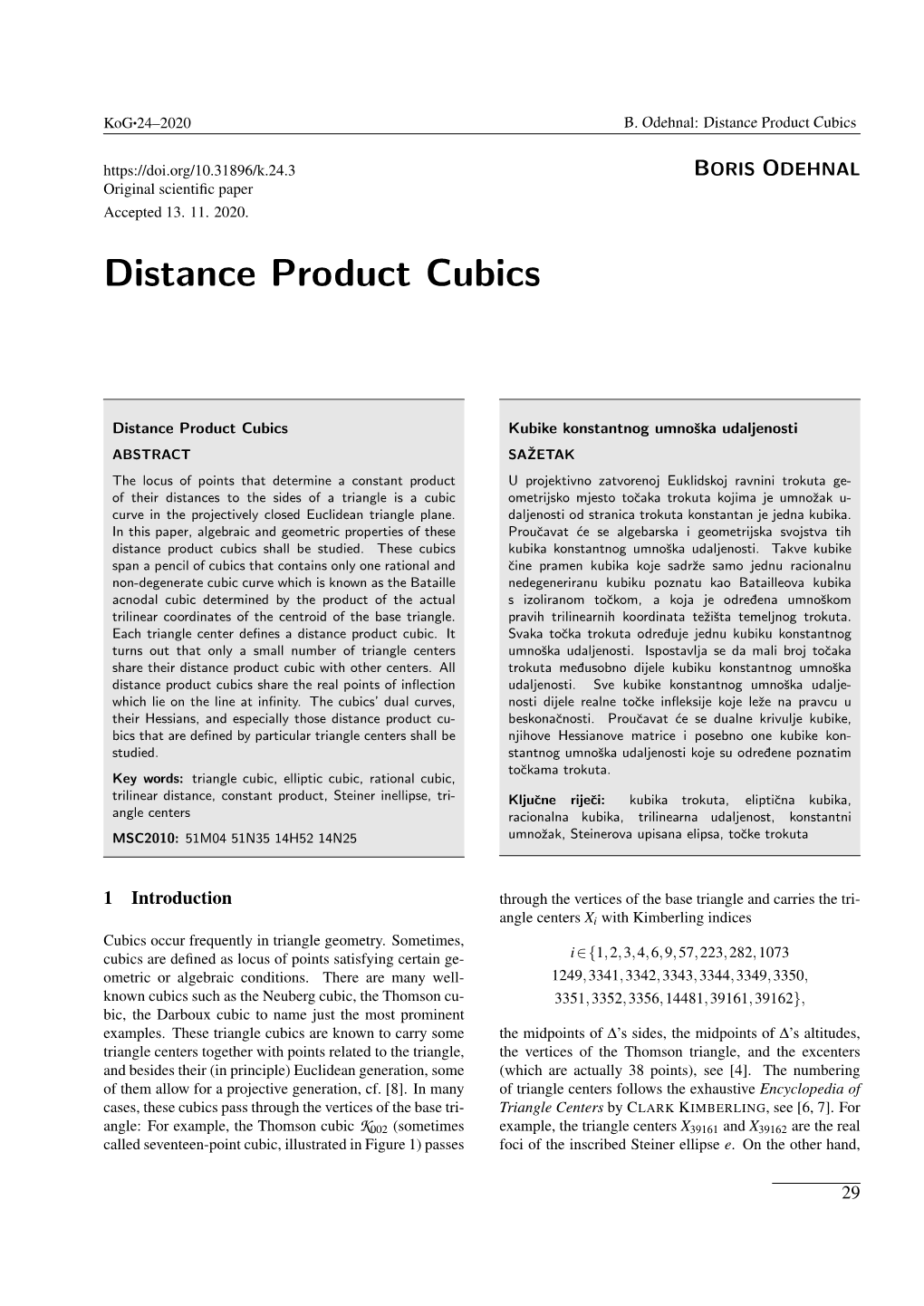 Distance Product Cubics BORIS ODEHNAL Original Scientiﬁc Paper Accepted 13