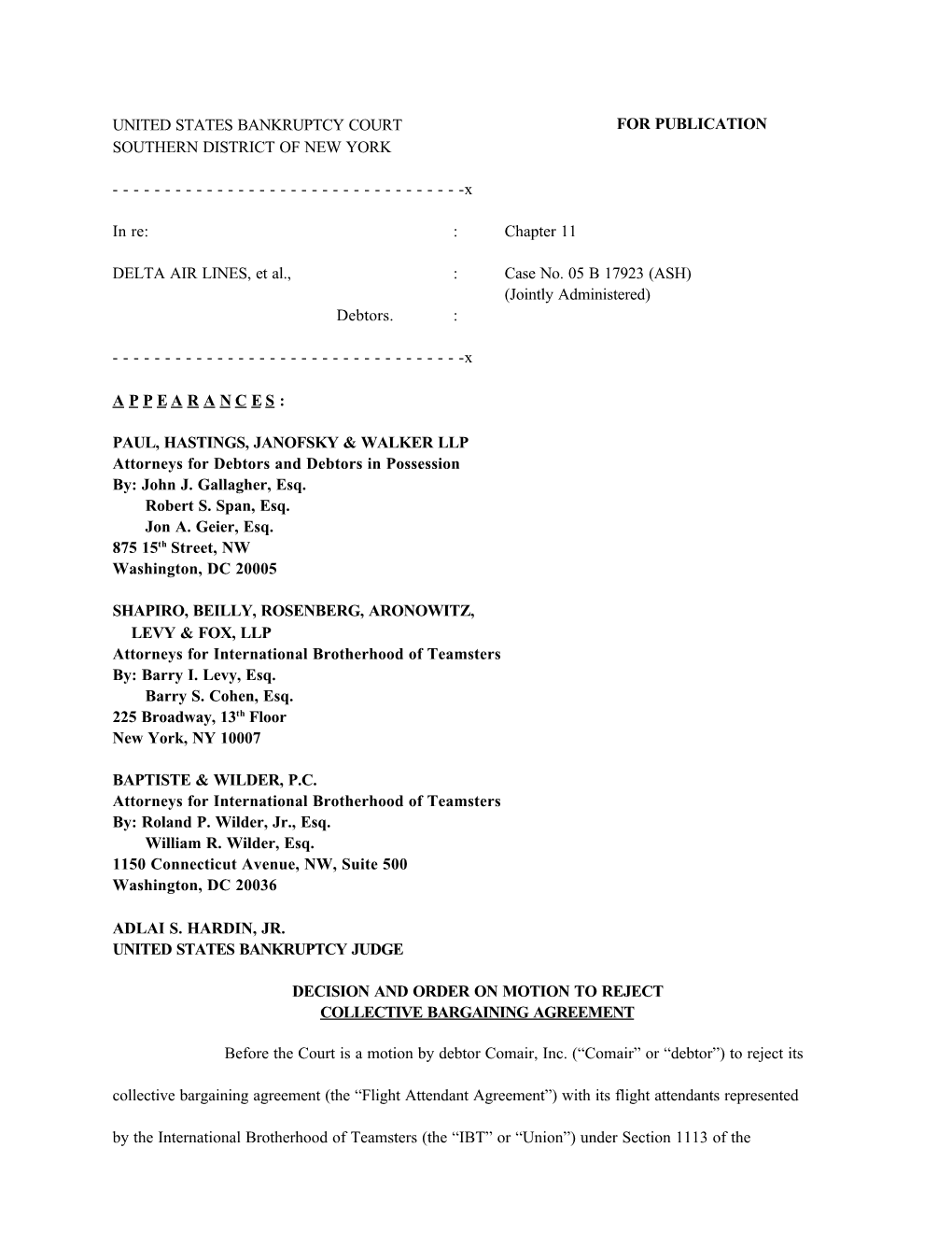 United States Bankruptcy Court for Publication Southern District of New York