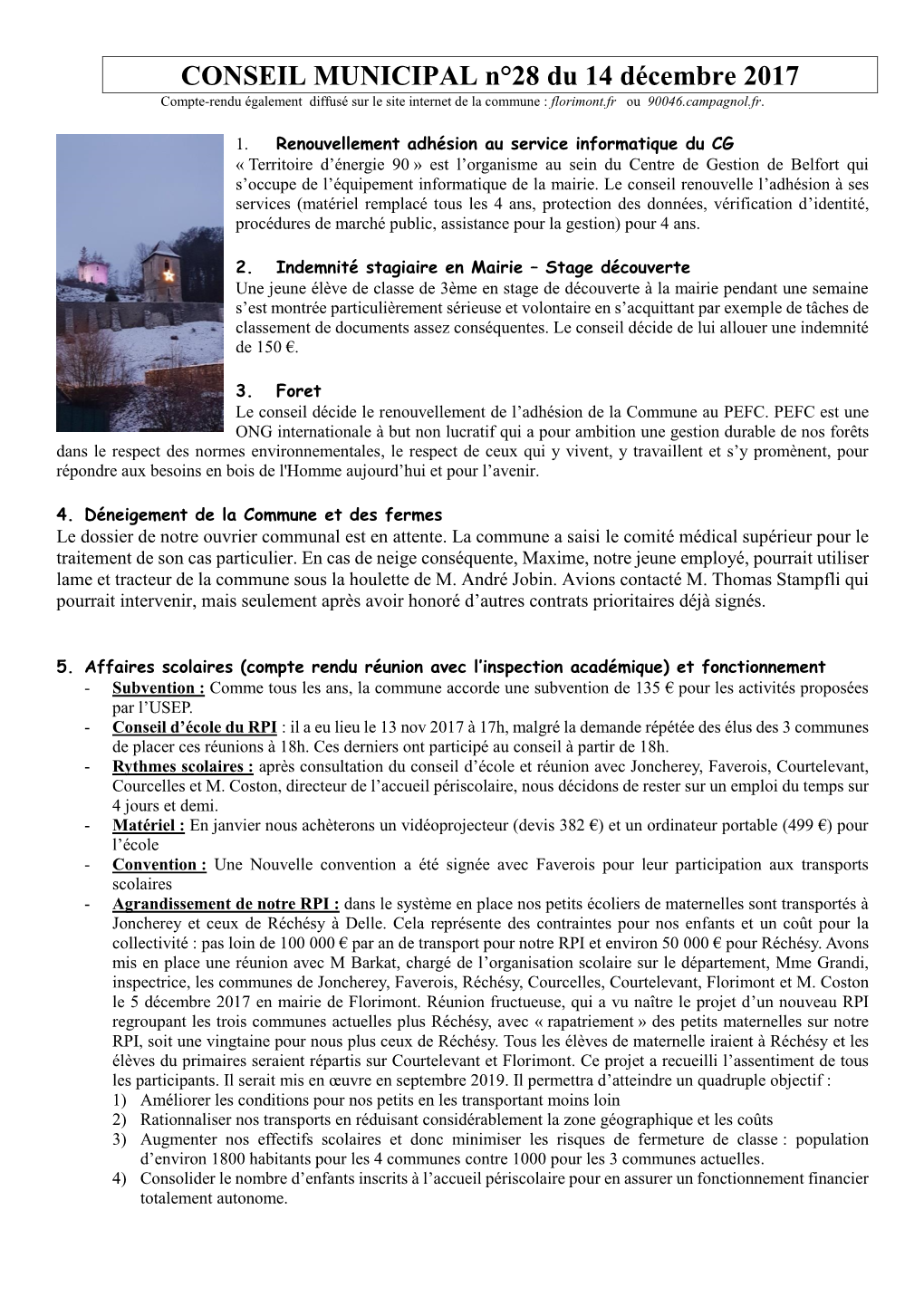 CONSEIL MUNICIPAL N°28 Du 14 Décembre 2017 Compte-Rendu Également Diffusé Sur Le Site Internet De La Commune : Florimont.Fr Ou 90046.Campagnol.Fr