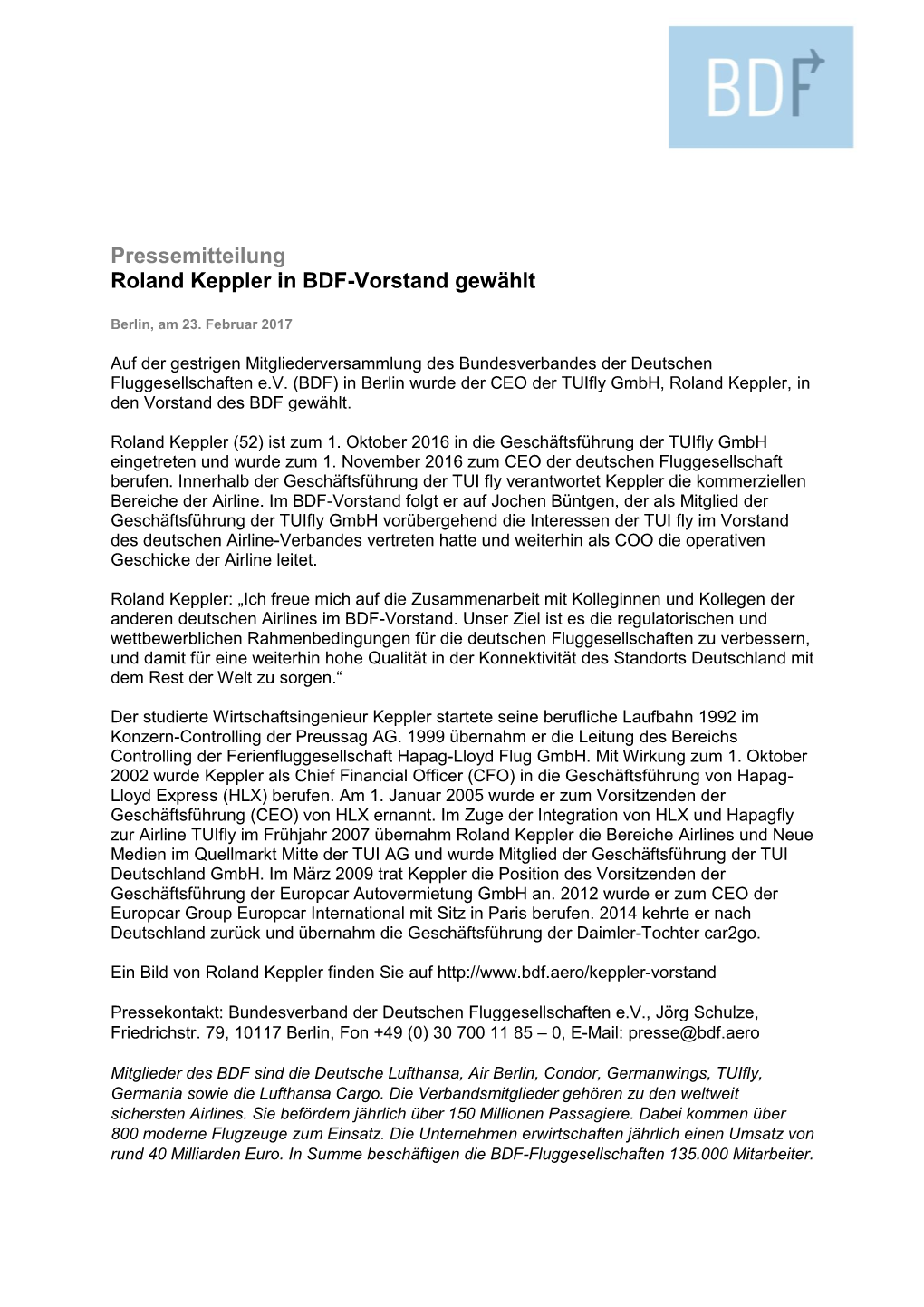 Pressemitteilung Roland Keppler in BDF-Vorstand Gewählt