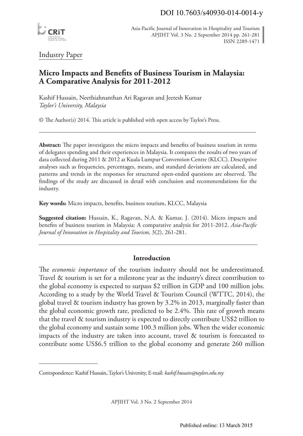 Micro Impacts and Benefits of Business Tourism in Malaysia: a Comparative Analysis for 2011-2012