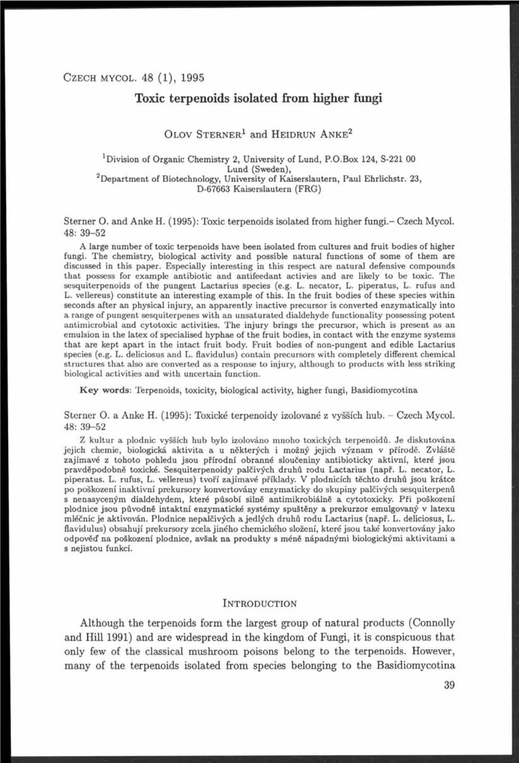 Toxic Terpenoids Isolated from Higher Fungi