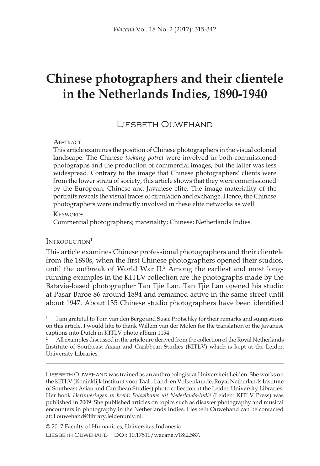 Chinese Photographers and Their Clientele in the Netherlands Indies, 1890-1940