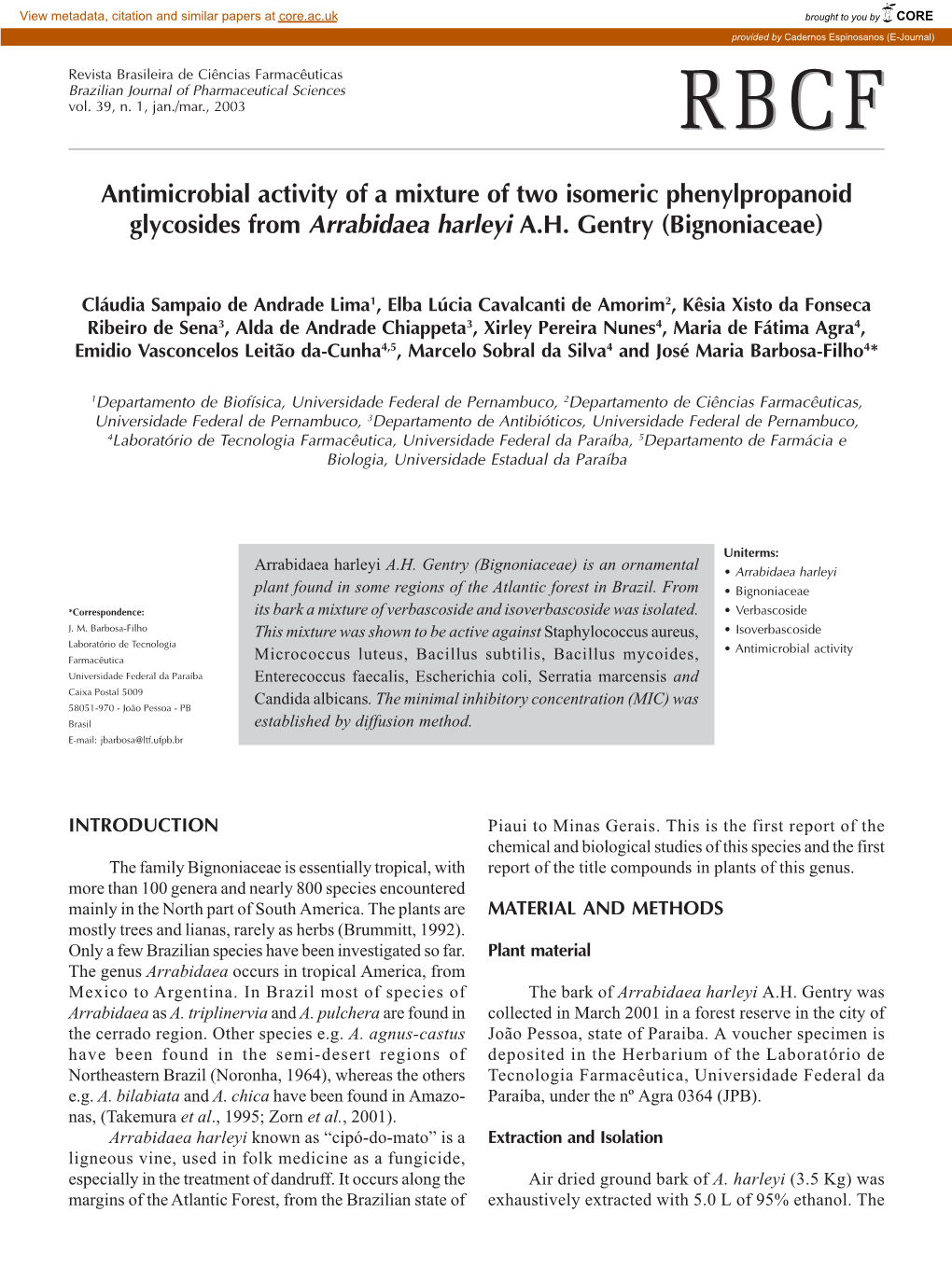 Antimicrobial Activity of a Mixture of Two Isomeric Phenylpropanoid Glycosides from Arrabidaea Harleyi A.H